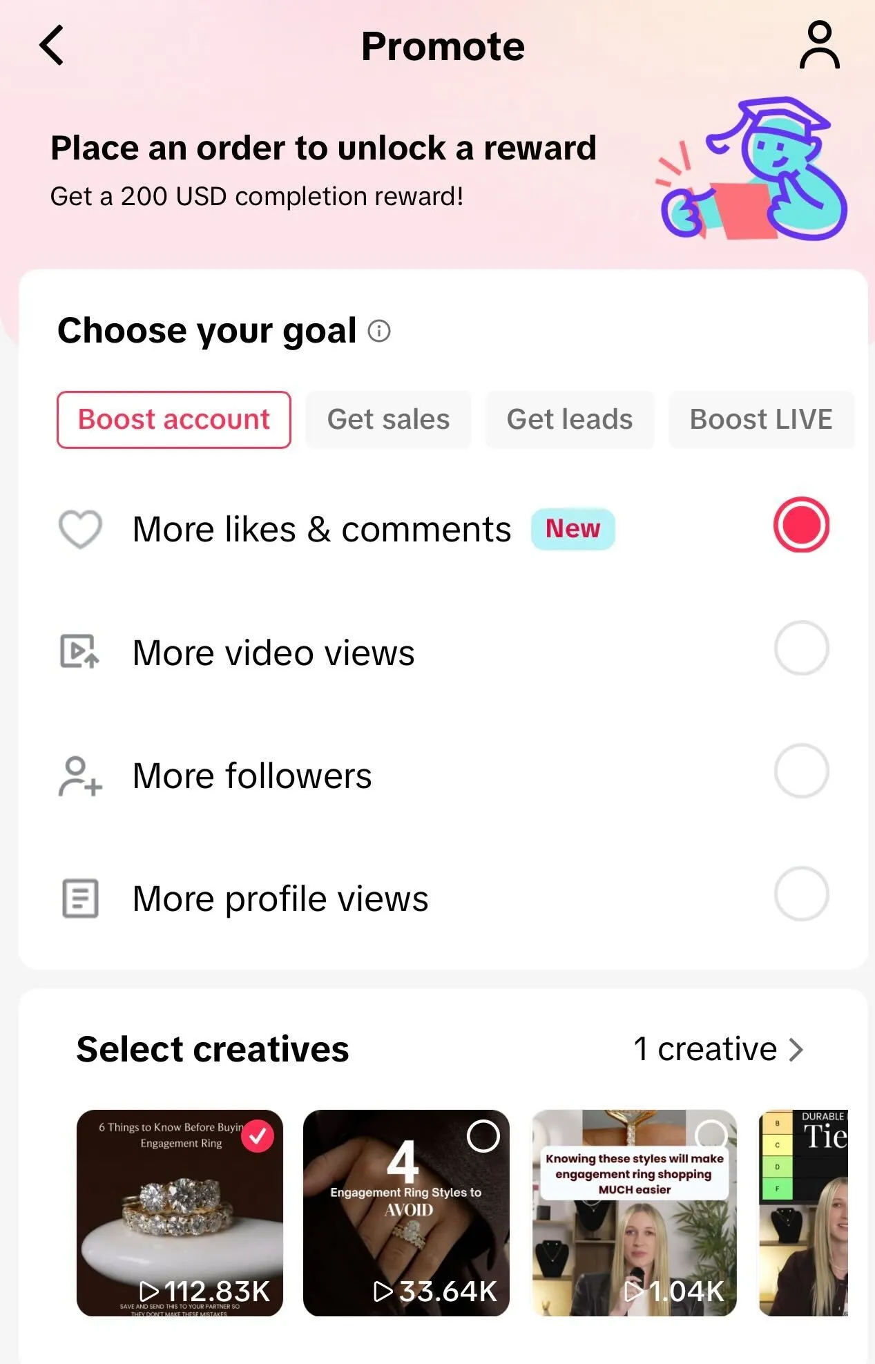 TikTok Promote screen for Lily Dia Jewellery content showing goal options including more likes and comments, video views, followers, and profile views.