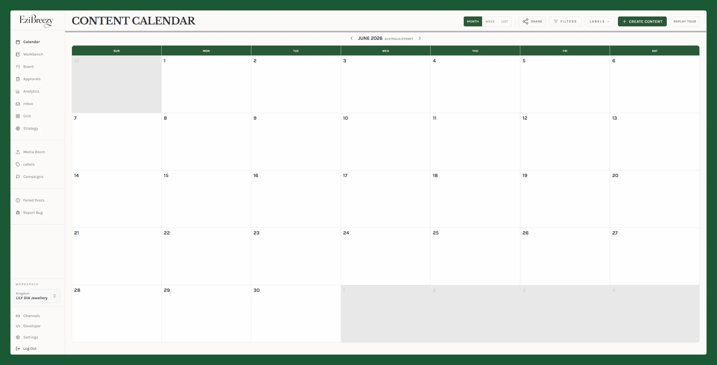 Empty Maeve monthly content calendar ready for a content batching session.