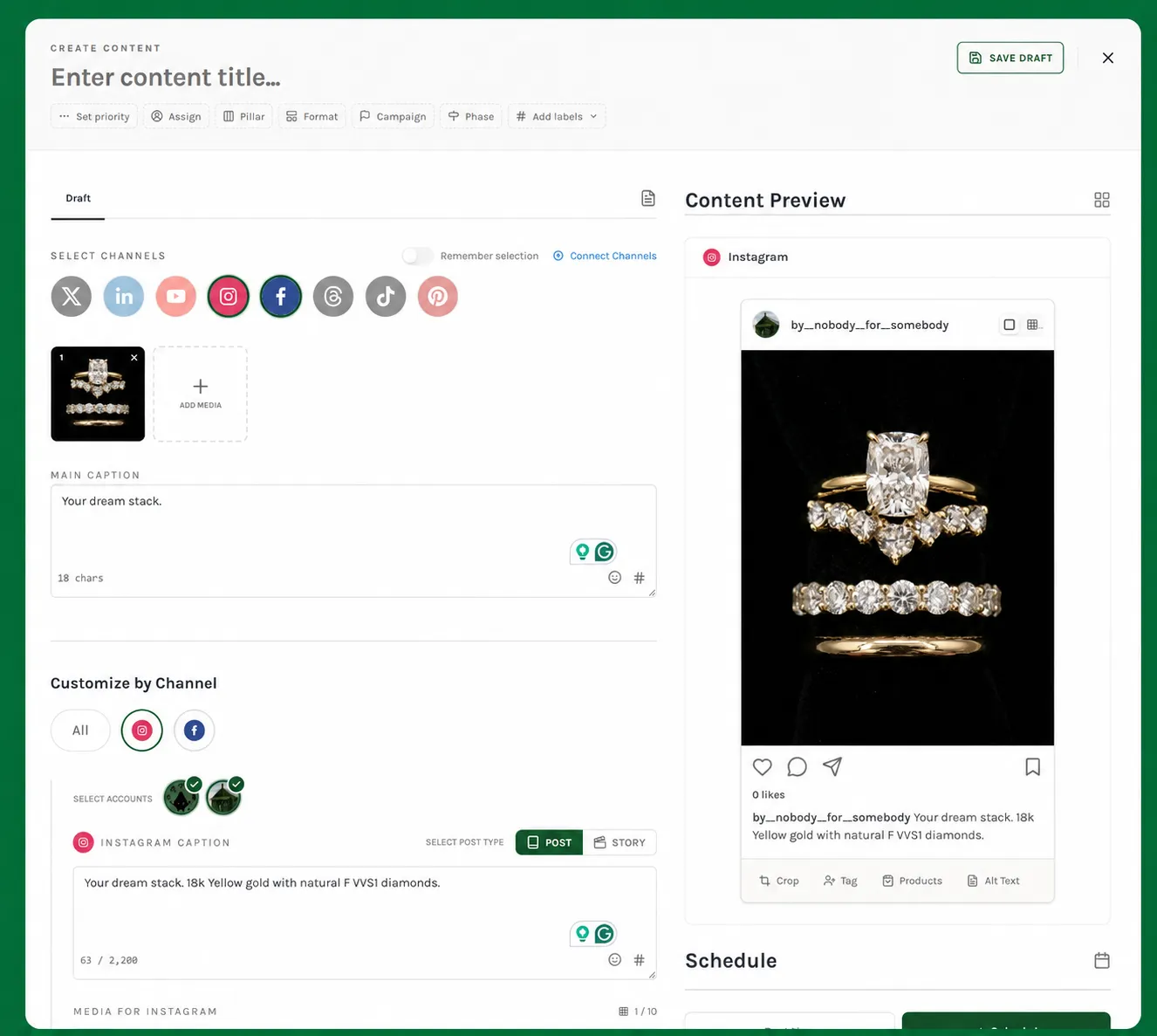 Maeve social media composer showing a main caption field, Instagram caption variant, and Instagram post preview.