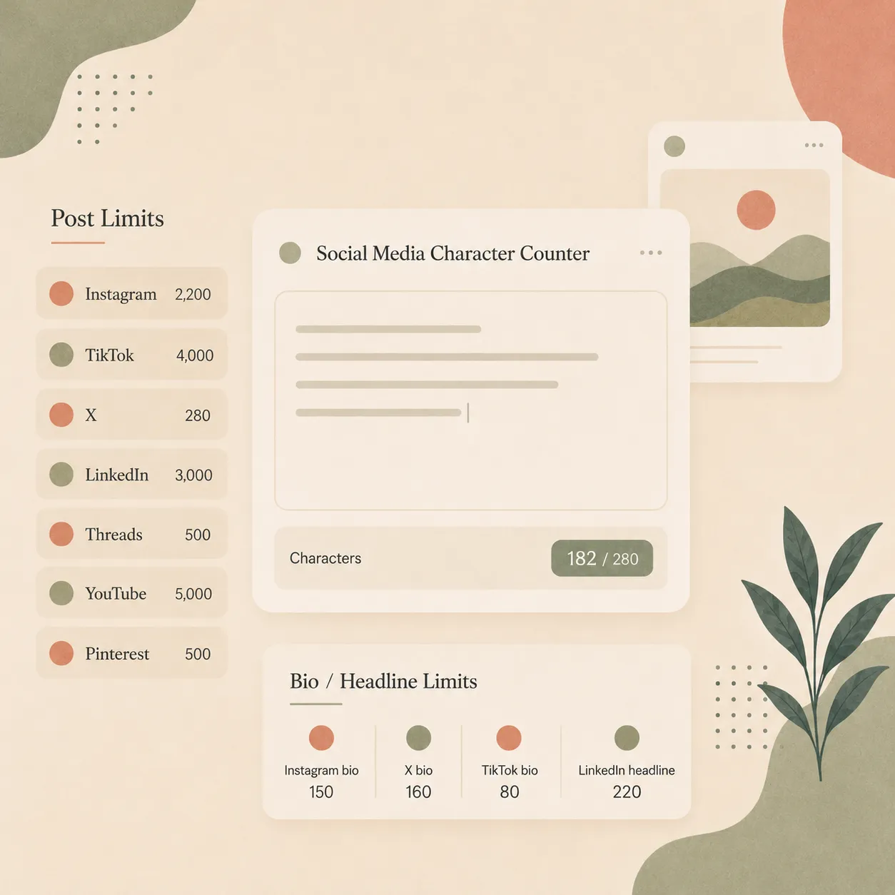 A social media character counter tool mockup showing a draft caption at 182 of 280 characters, alongside post limits per platform (Instagram 2,200, TikTok 4,000, X 280, LinkedIn 3,000, Threads 500, YouTube 5,000, Pinterest 500) and bio limits (Instagram 150, X 160, TikTok 80, LinkedIn 220).