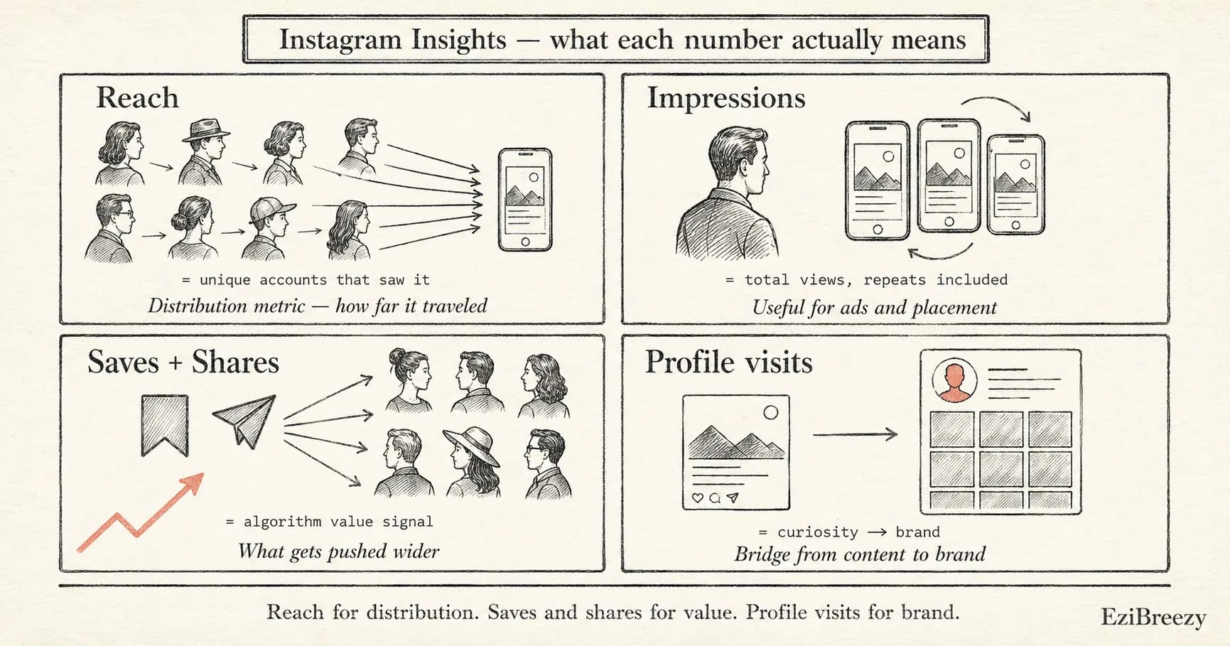 Editorial diagram of the four Instagram Insights metrics that actually matter: Reach (unique accounts), Impressions (total views including repeats), Saves and Shares (algorithm value signals), and Profile visits (brand-interest signal), arranged by what each one actually measures