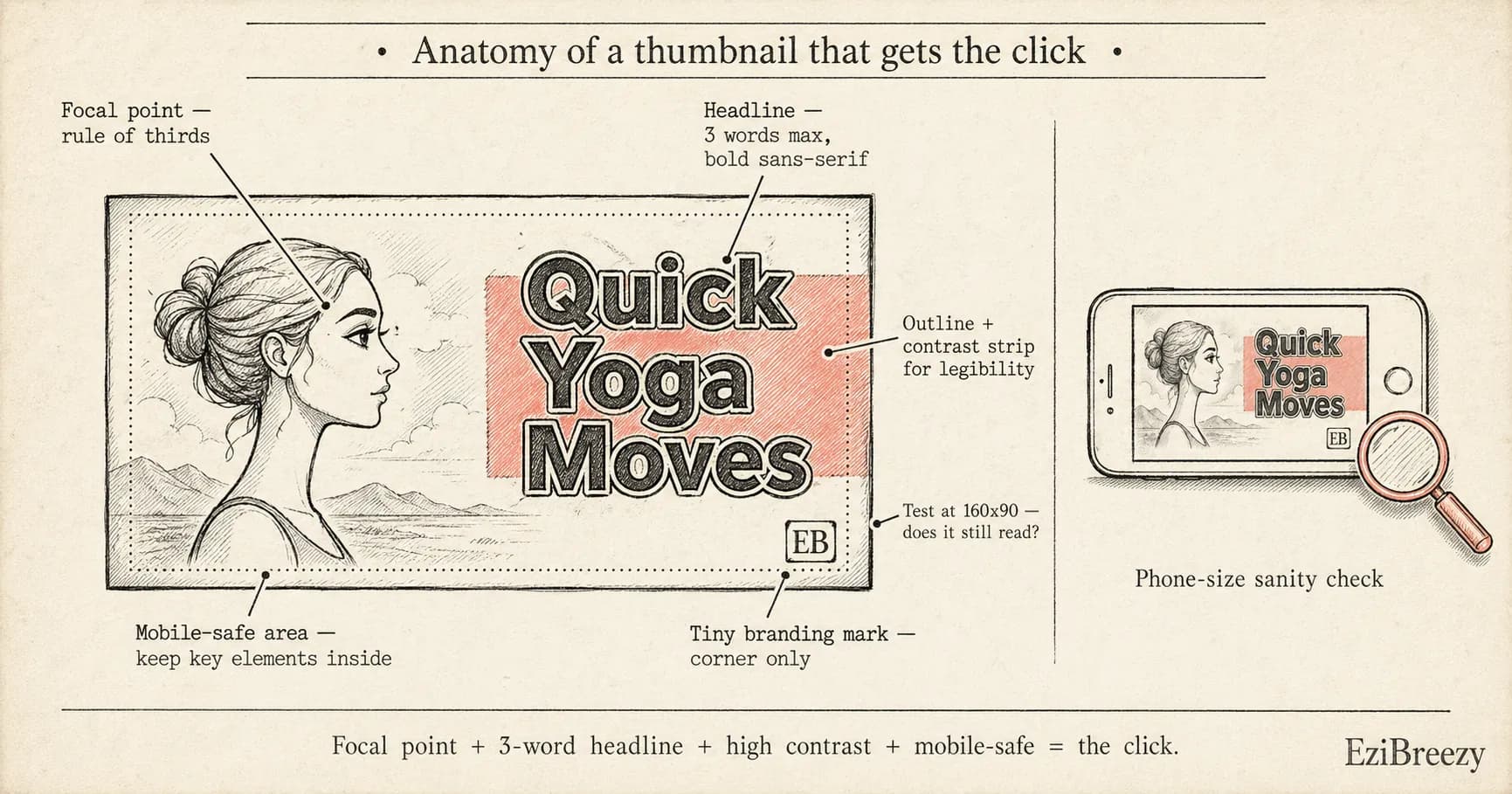 Editorial anatomy diagram of a YouTube thumbnail with labeled zones: focal point on the left, three-word headline area on the right, mobile-safe inner rectangle, high-contrast text strip, branding corner, and a 160x90 mobile-readability check