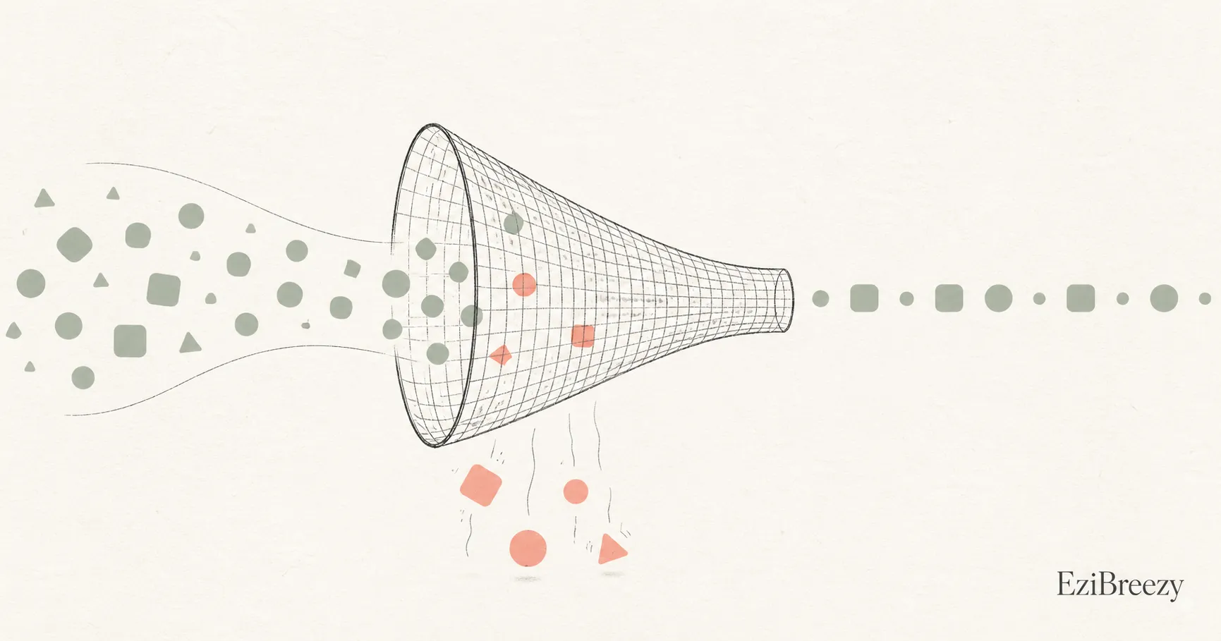 Abstract sieve illustration showing simple shapes flowing through, most pass cleanly, a few catch on the mesh and drift away, a metaphor for which Instagram settings schedule cleanly and which often do not