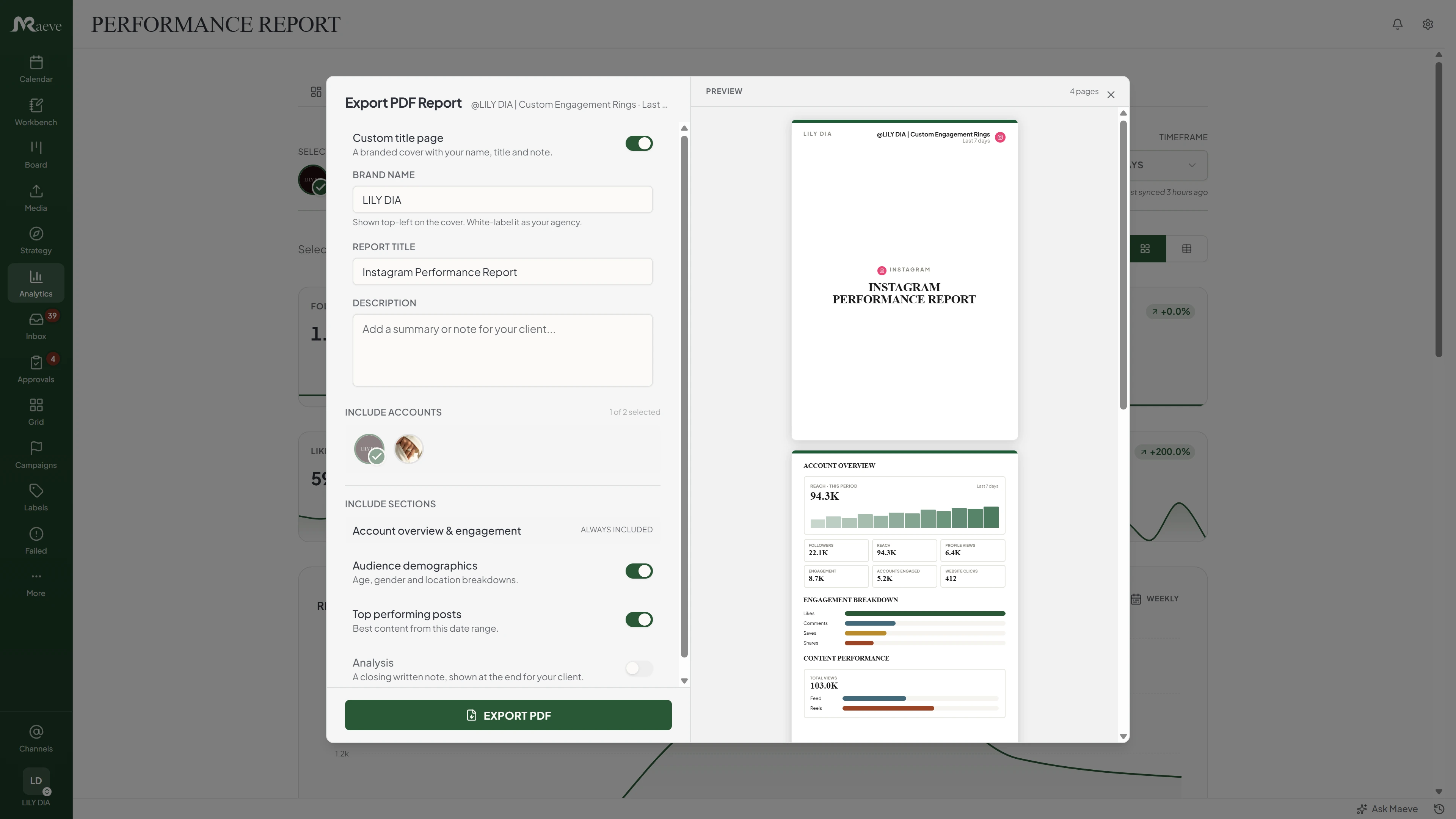 Maeve analytics with the Export PDF Report panel open, showing a branded cover and a TikTok performance report preview