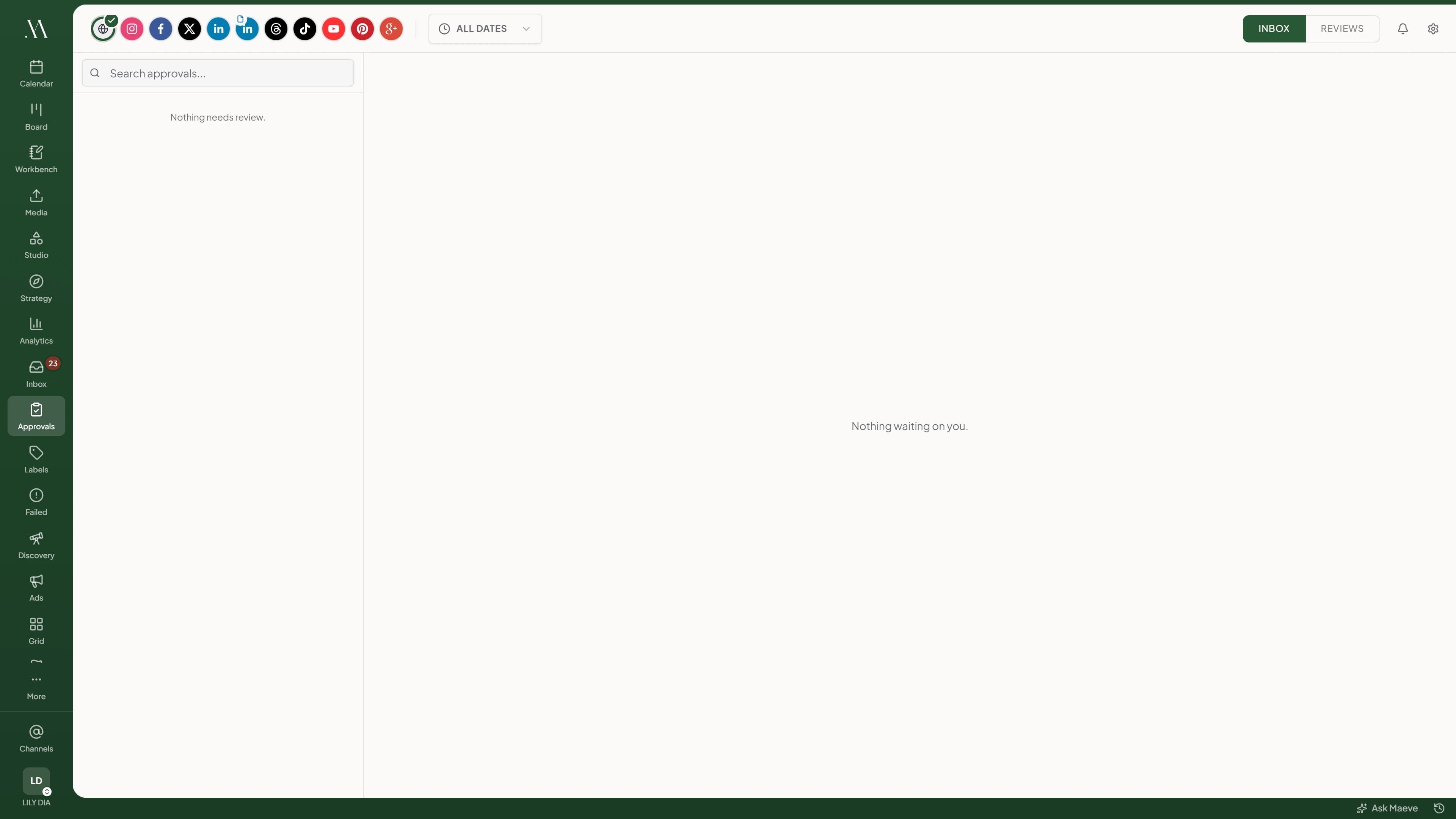 Maeve Social approval queue showing content waiting for review