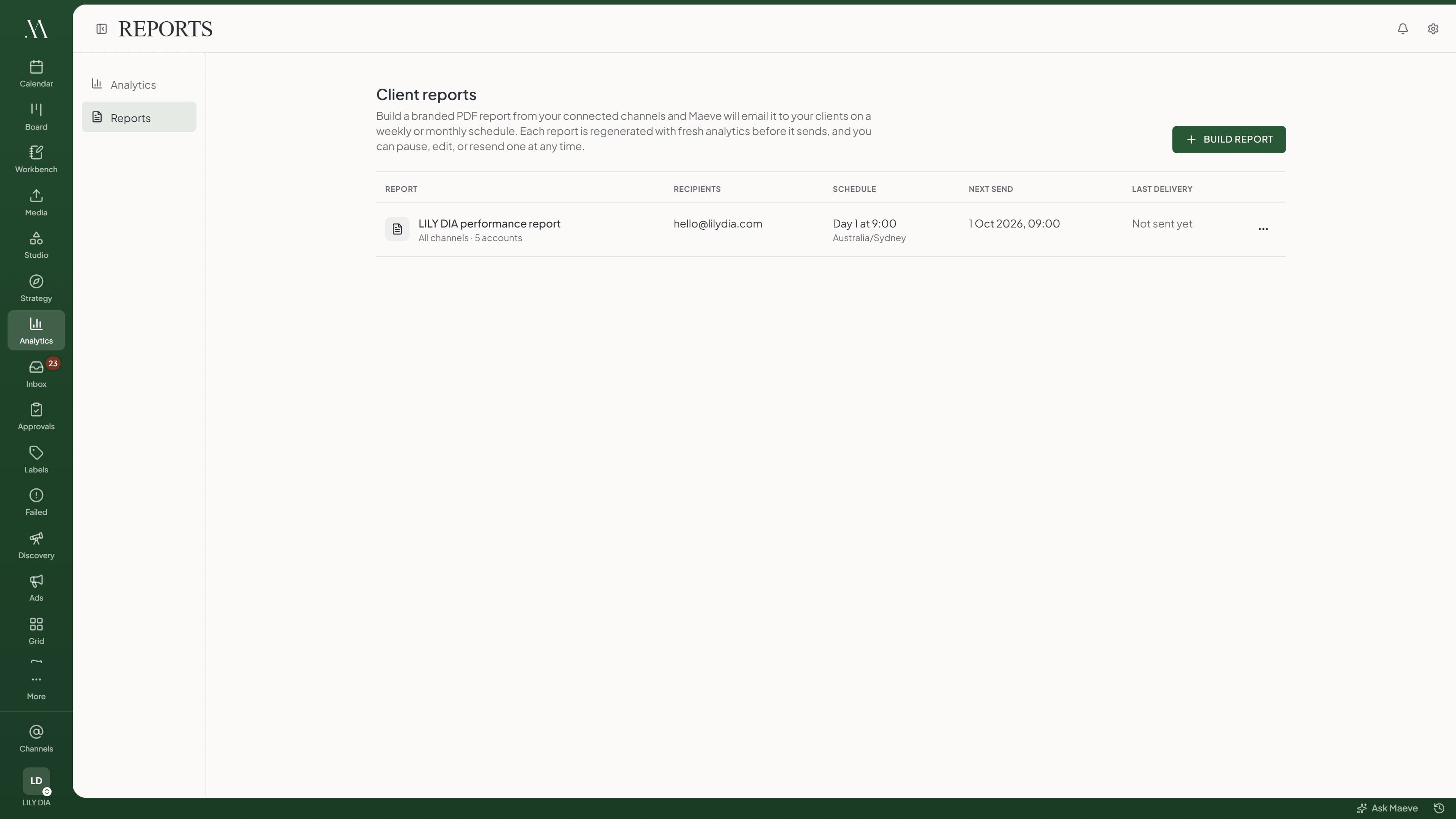 Maeve Social reports page for client reporting