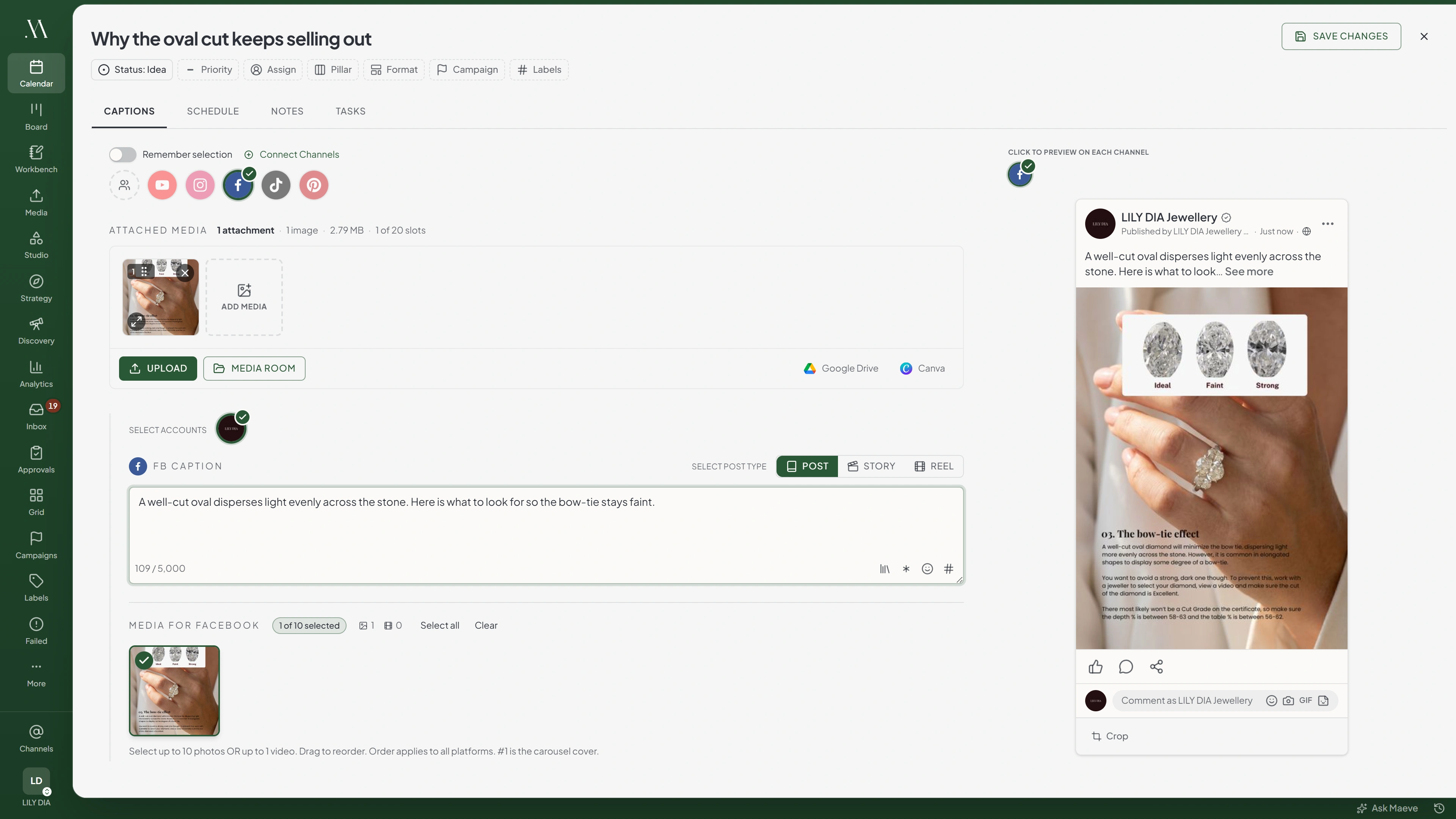 The Maeve composer with Facebook selected, showing the Facebook caption field and a live Facebook preview on the right