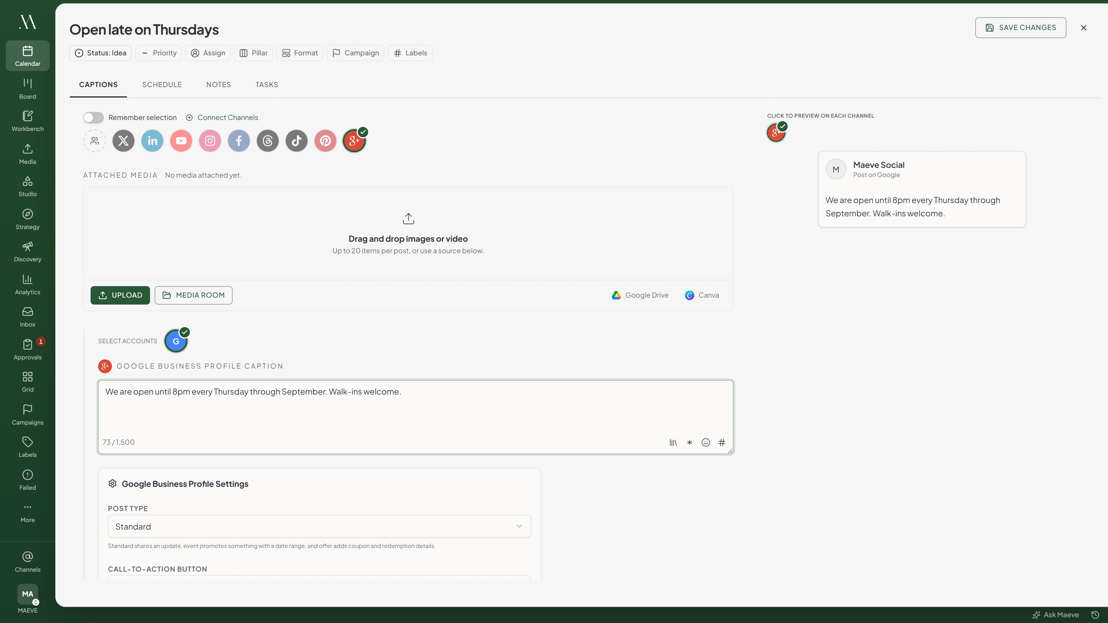 The Maeve composer with Google Business Profile selected, showing the caption field, the post type and call to action controls, and a live preview on the right