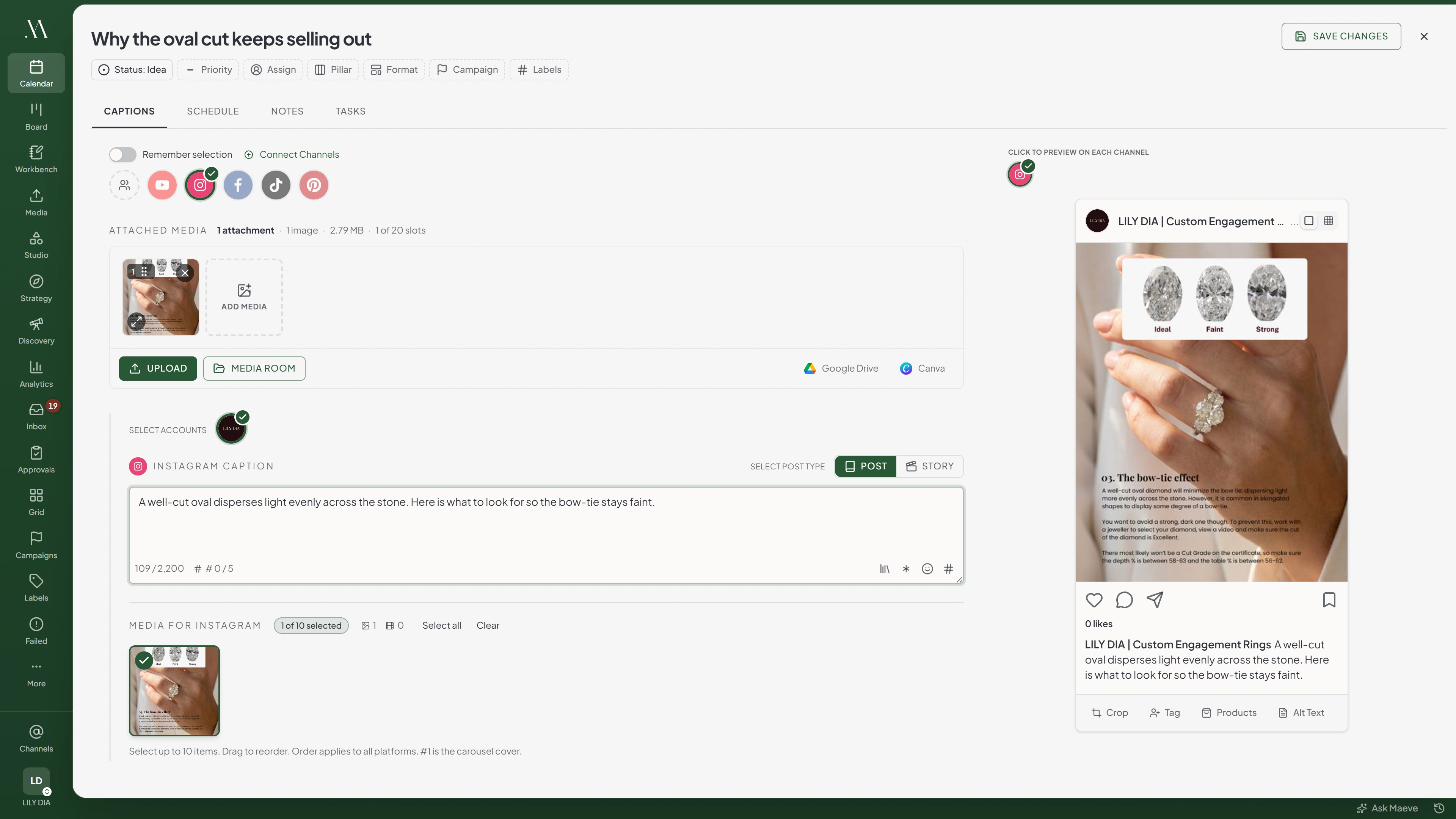 The Maeve composer with Instagram selected, showing the Instagram caption field, the Post and Story toggle, and a live Instagram preview on the right