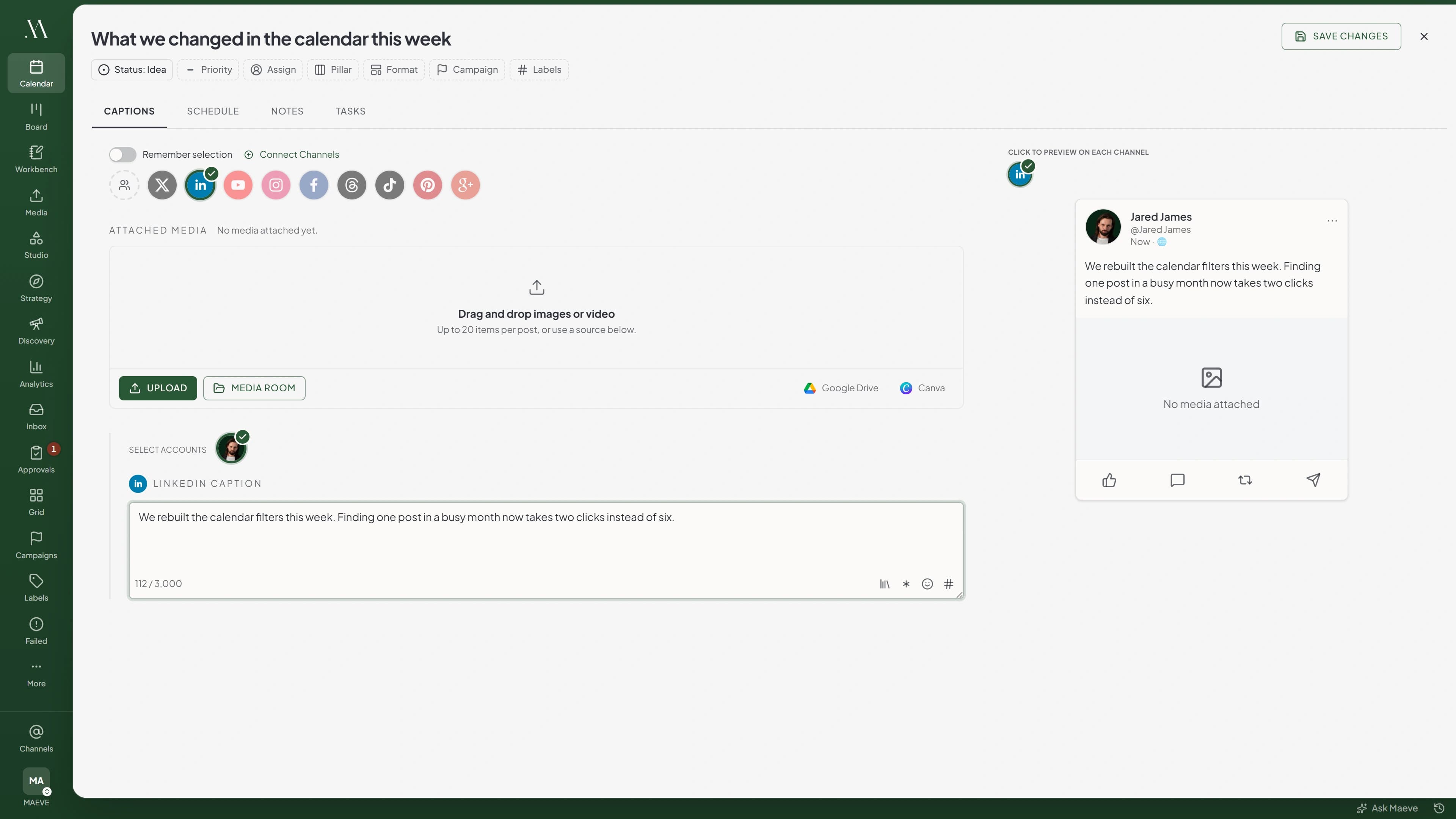 The Maeve content editor with LinkedIn selected, showing the channel row, the media drop zone, the LinkedIn caption field counting up to 3,000 characters, and a live LinkedIn preview of the post beside it