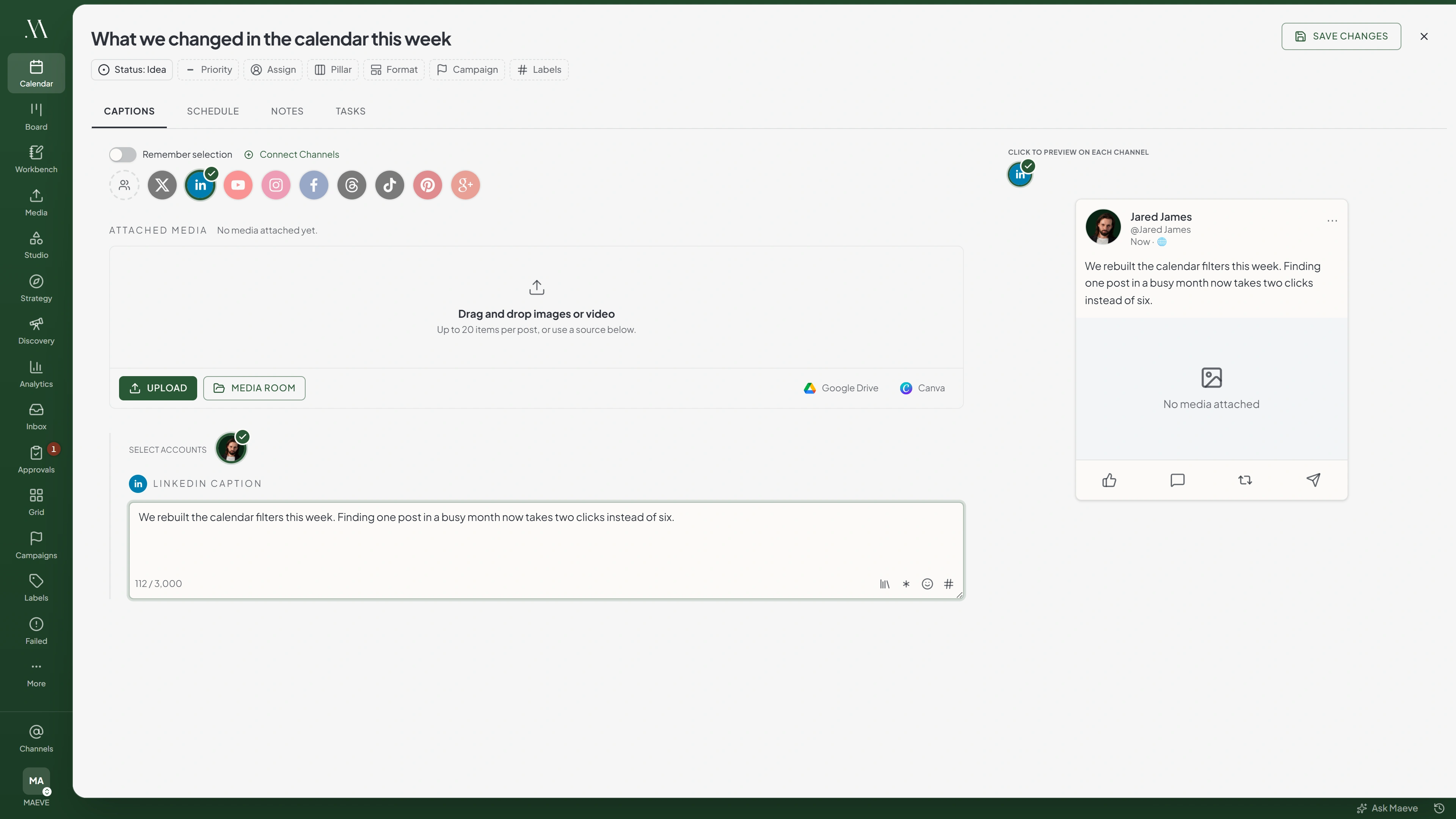 The Maeve composer with LinkedIn selected, showing the LinkedIn caption field and a live LinkedIn preview on the right