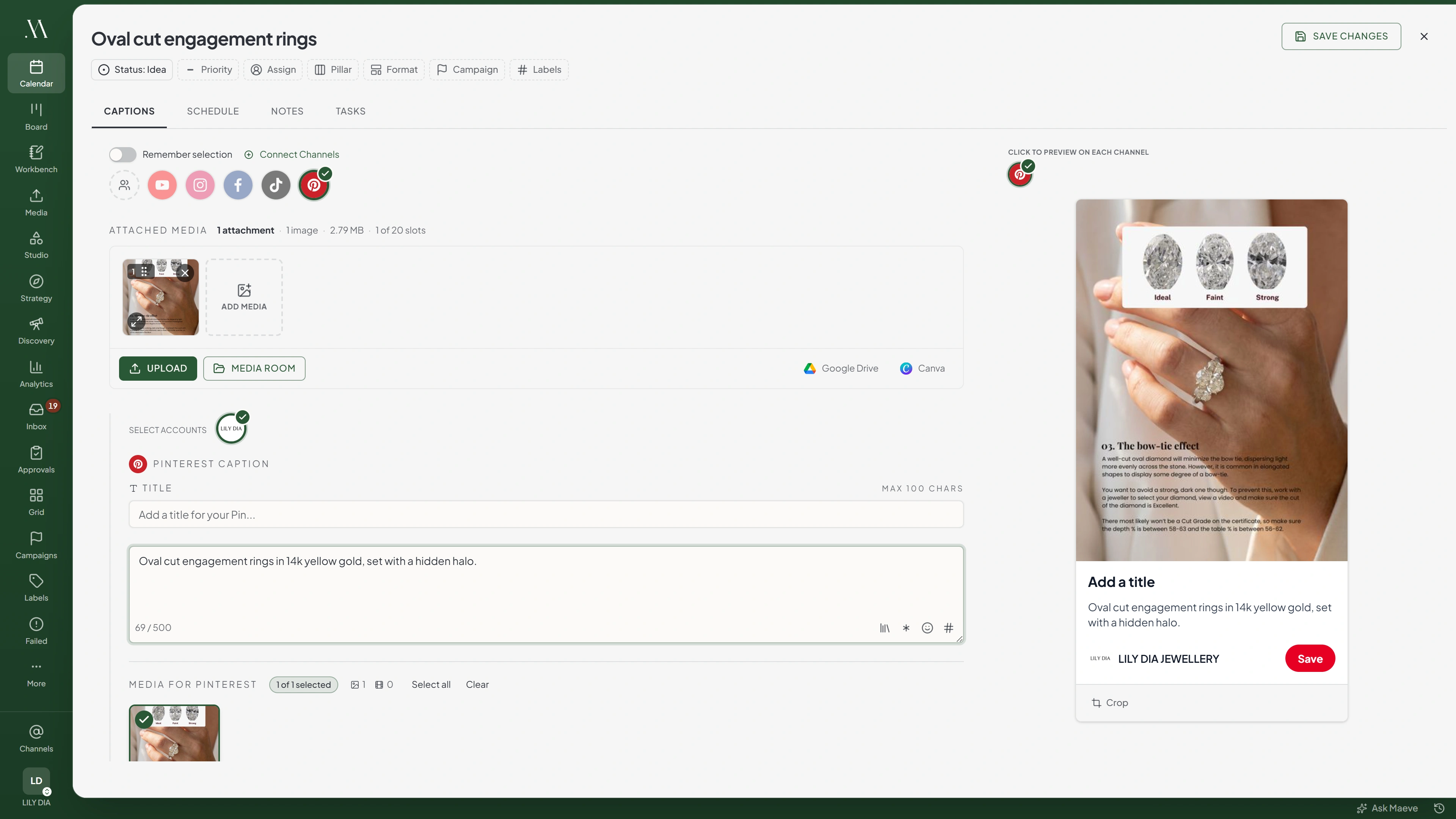 The Maeve composer with Pinterest selected, showing the Pin title and description fields and a live Pin preview on the right