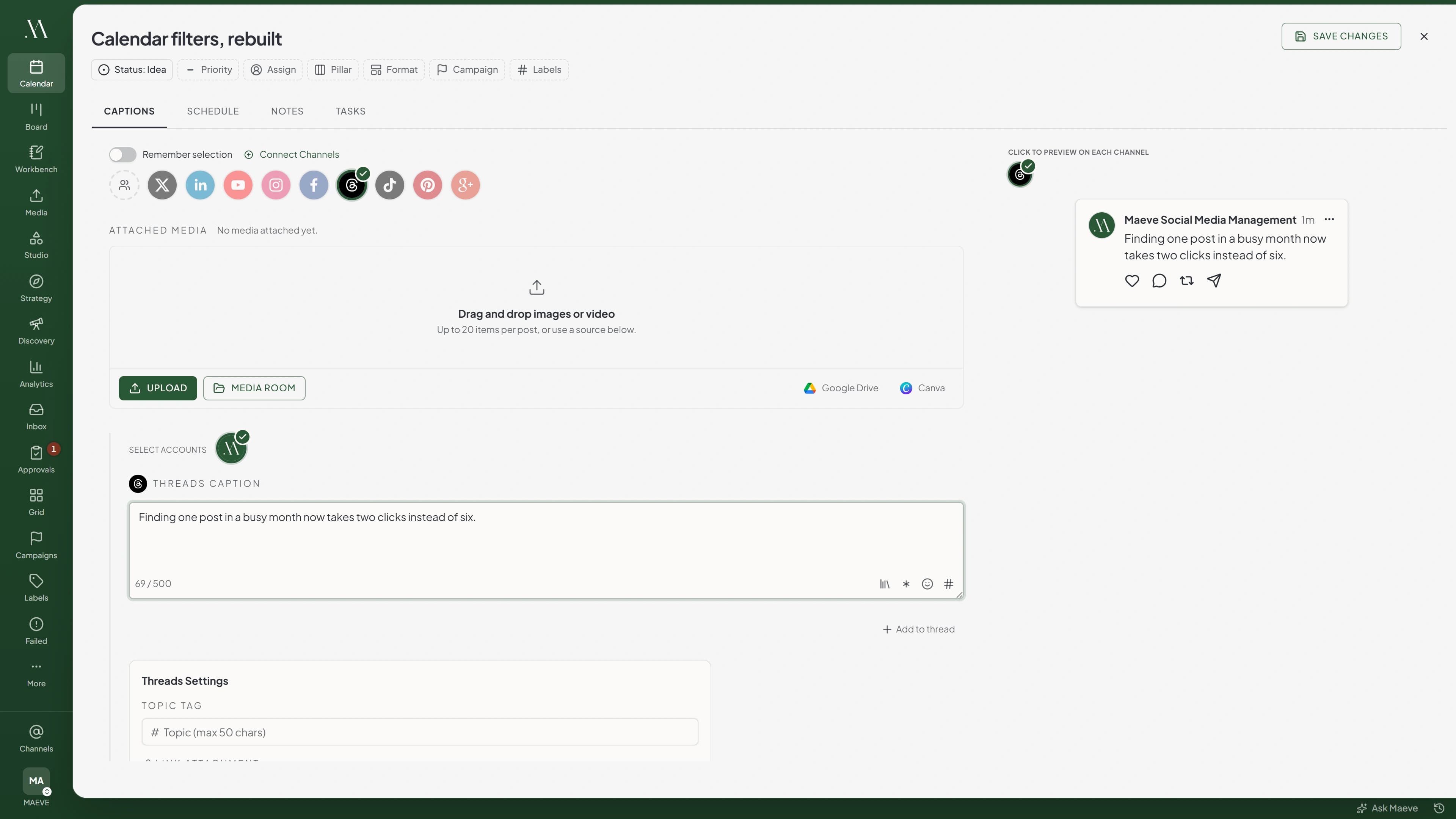 The Maeve content editor with Threads selected, showing the channel row, the Threads text field, the Threads settings panel and a live Threads preview beside them