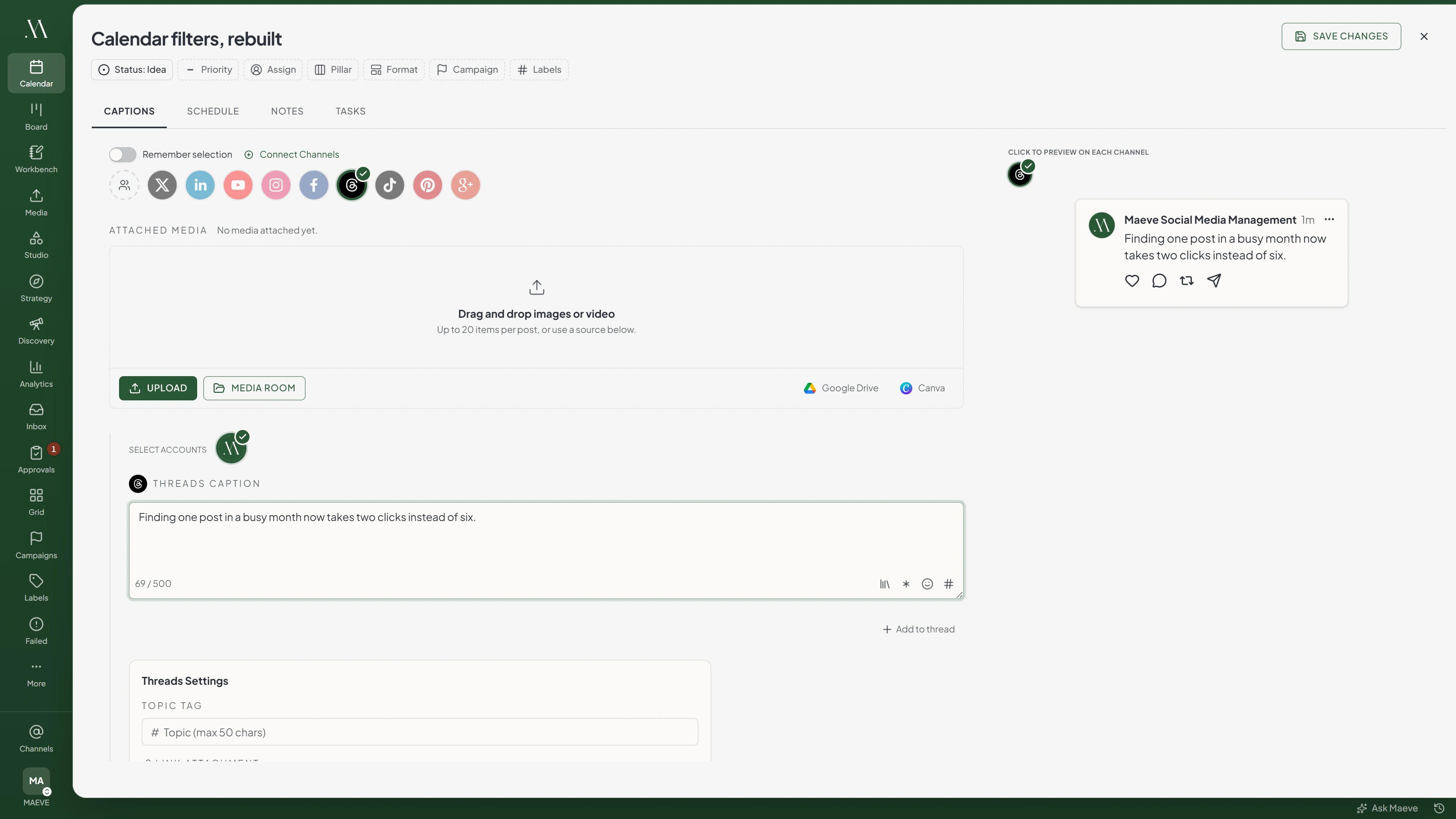 The Maeve composer with Threads selected, showing the Threads caption field, the Threads settings panel and a live Threads preview on the right