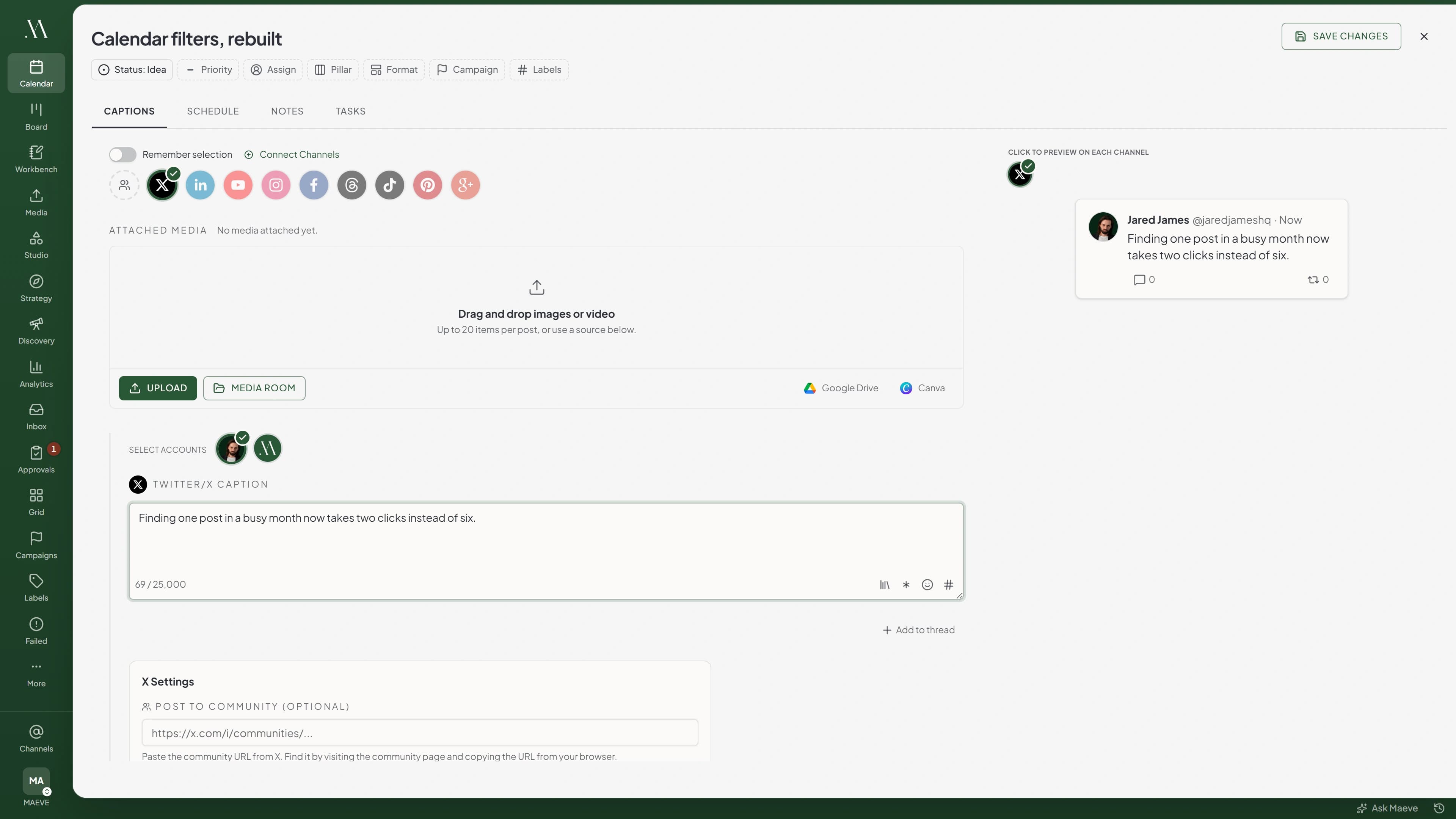 The Maeve content editor with X selected, showing the channel row, the X caption field, the X settings panel and a live X post preview beside them