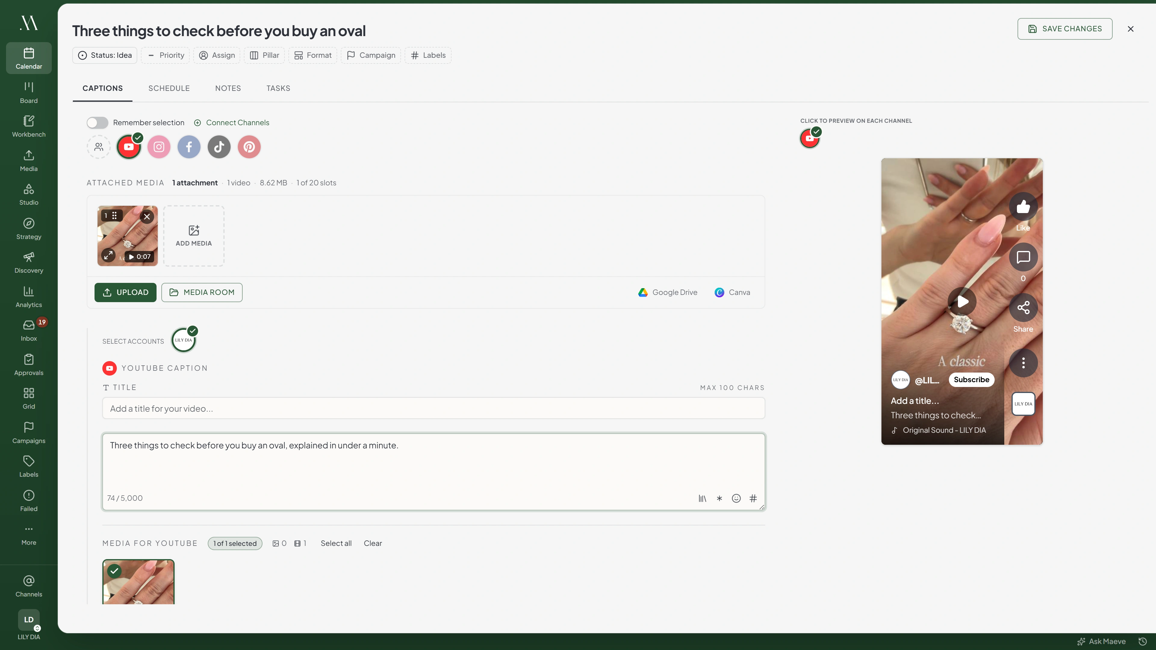 The Maeve composer with YouTube selected, showing the video title field, the description field and a live YouTube Shorts preview on the right