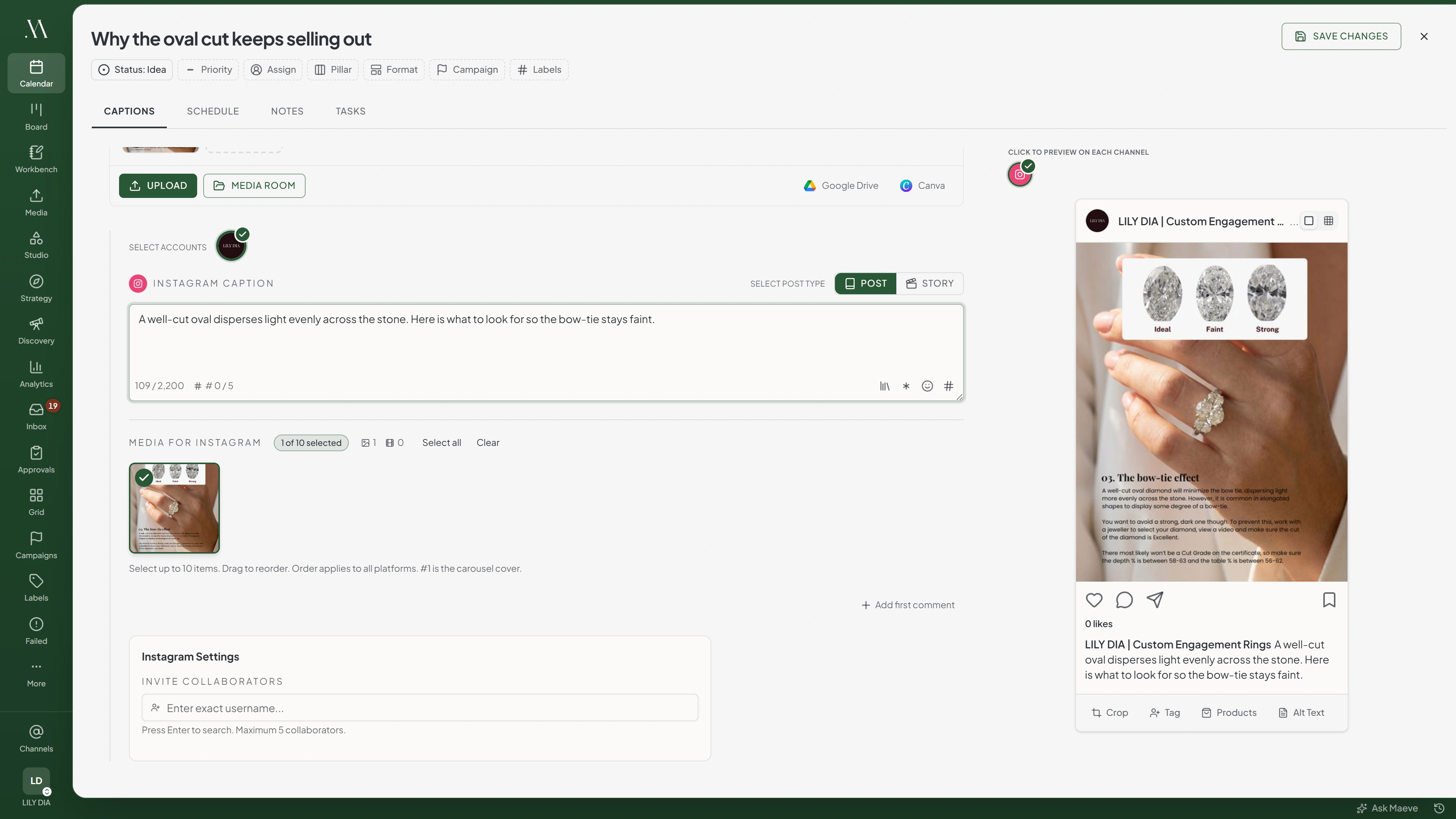 The Maeve composer showing the Instagram settings panel with the invite collaborators field, and the preview on the right with tag, products and alt text controls