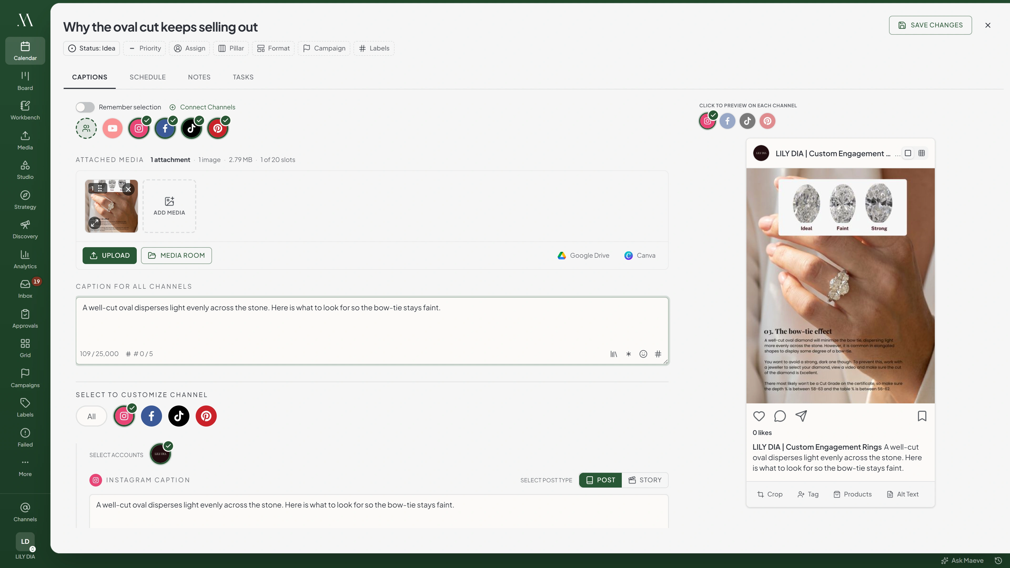 The Maeve composer with Instagram, Facebook, TikTok and Pinterest selected, one caption written for all channels, and a live Instagram preview on the right