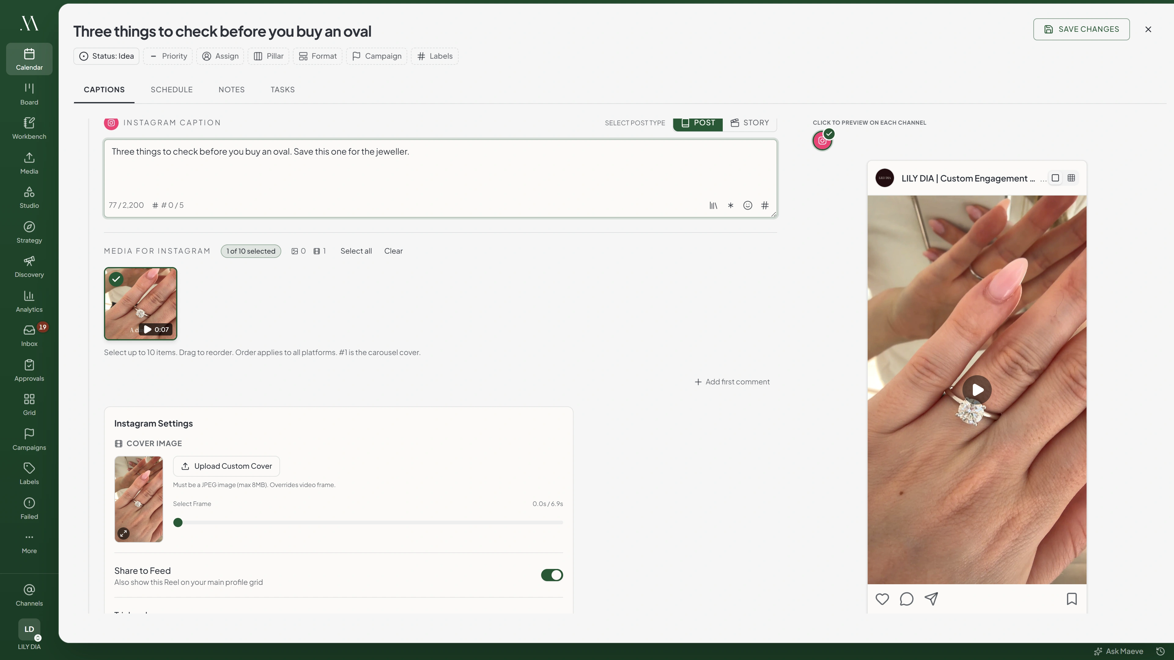 The Maeve composer with a video attached to Instagram, showing the post type toggle and the Instagram settings panel with cover image and share to feed controls