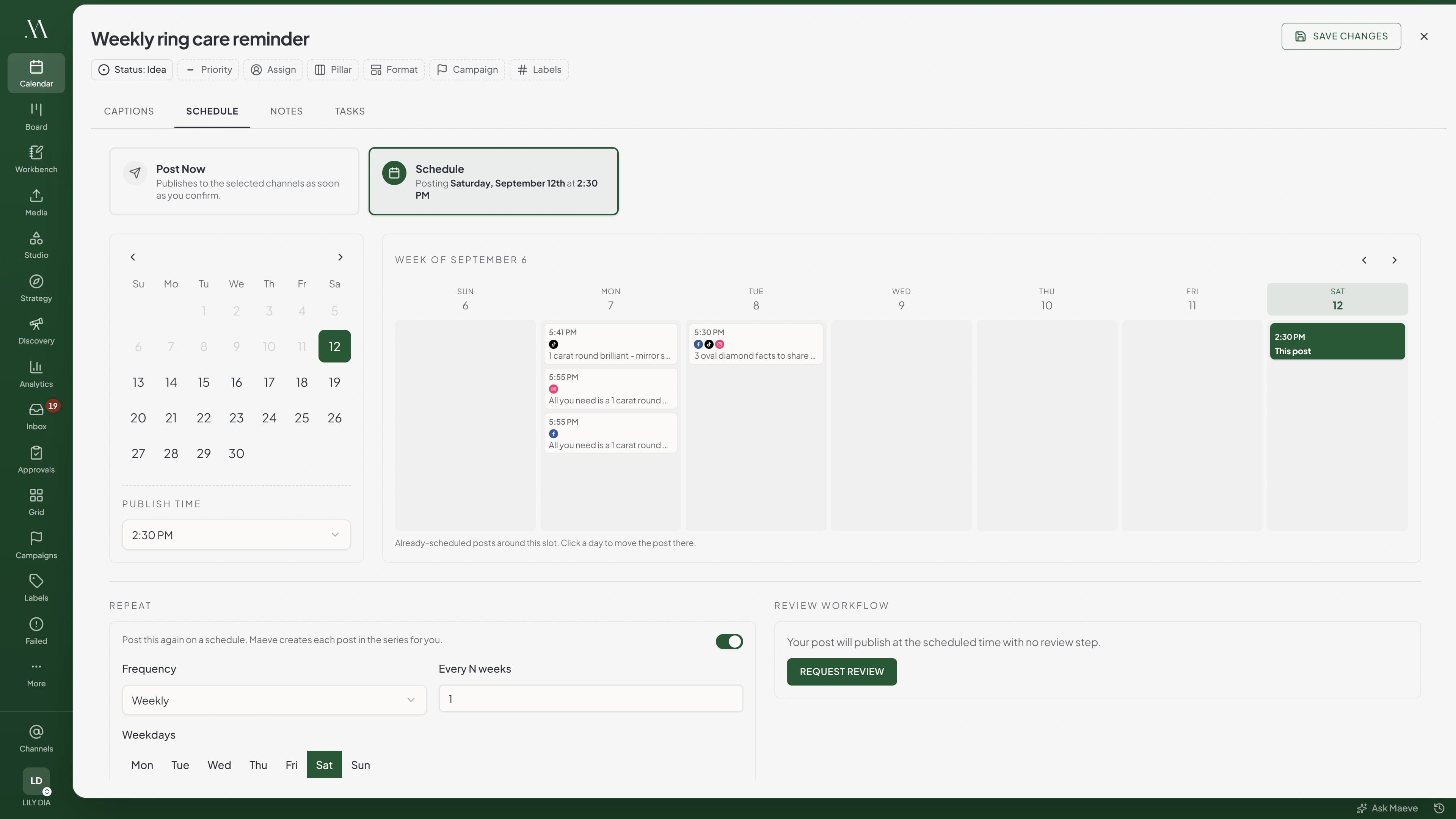 The Schedule tab of a post in Maeve: Post Now and Schedule as two cards, a date picker with the publish time under it, the week of September 6 beside them showing what is already scheduled on each day, and Repeat turned on underneath with the weekday buttons