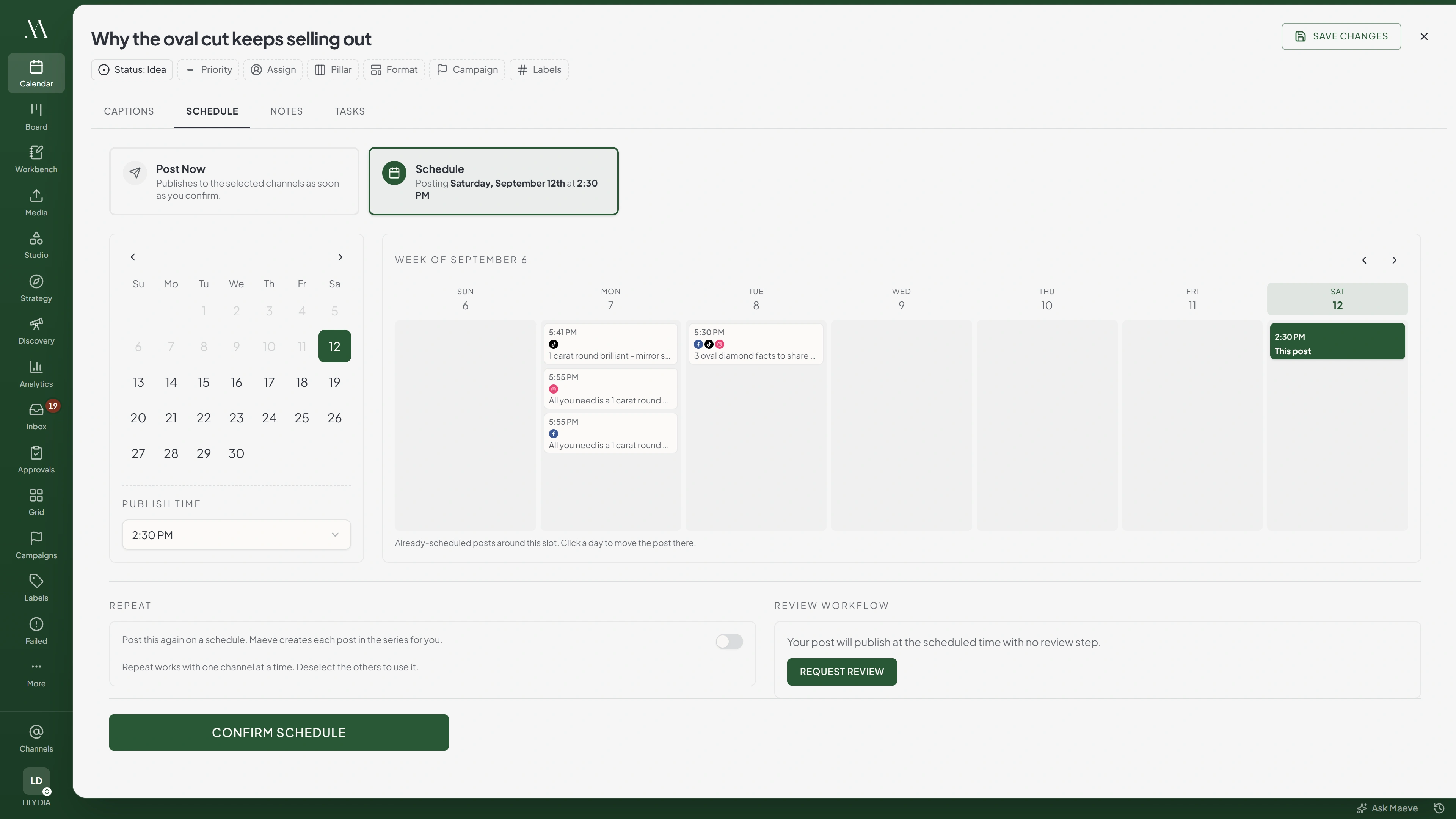 The Maeve composer on the Schedule tab, showing the date picker, the publish time, the week of already-scheduled posts around the slot, the review workflow and the confirm button