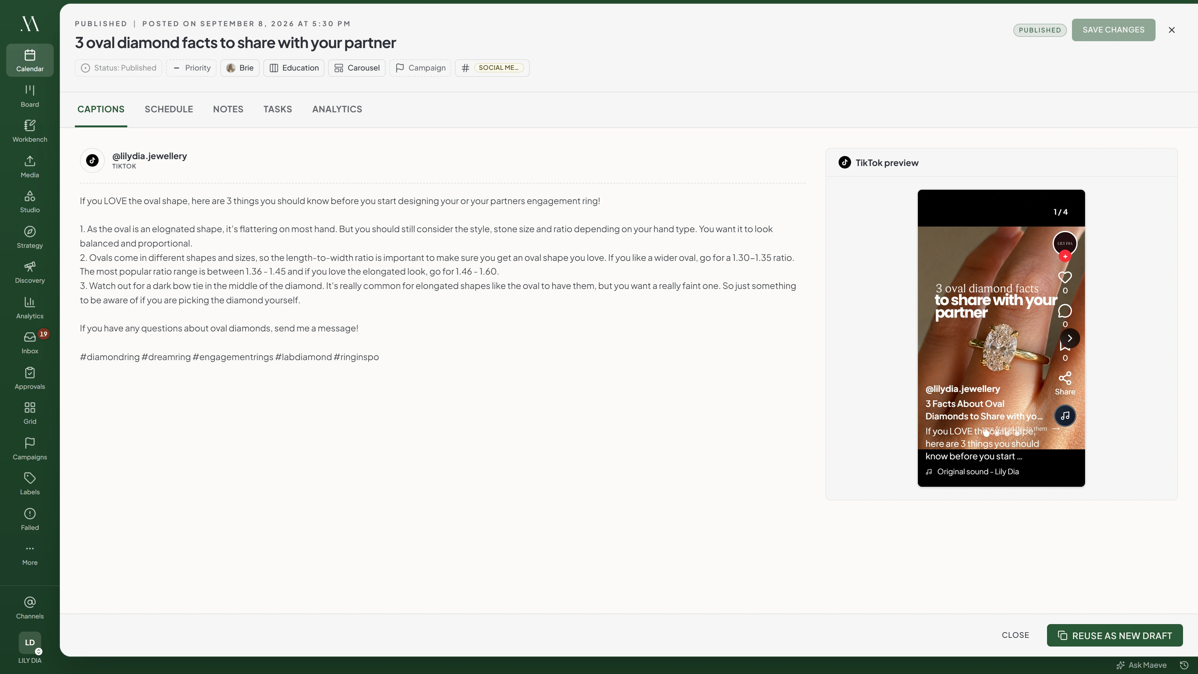A published Maeve post showing the row of fields along the top: status, assignee, pillar, format, campaign and labels, with the caption and a TikTok preview below