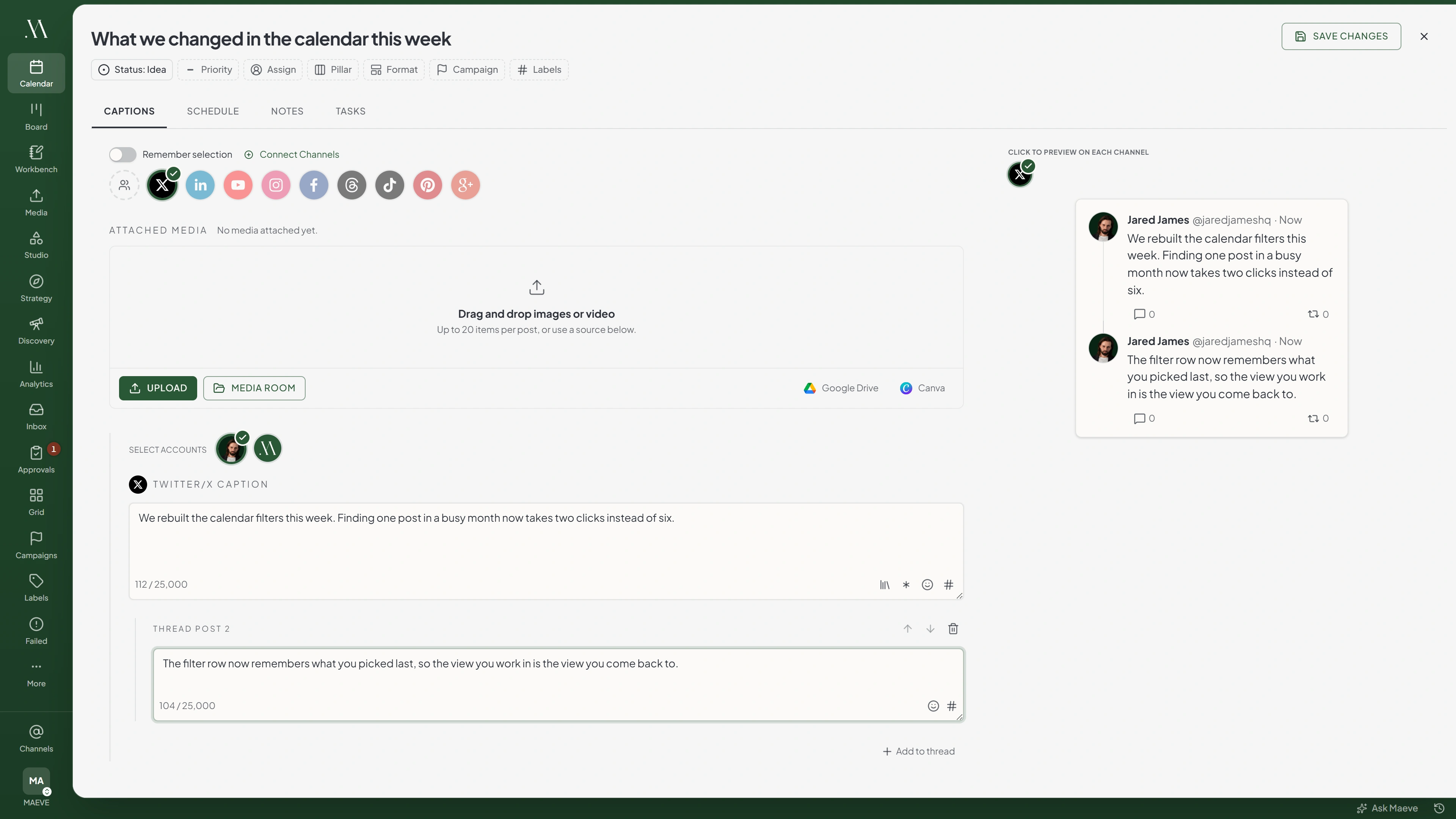 The Maeve composer with X selected, a first message written and a second thread post underneath, and a preview on the right showing the two messages chained