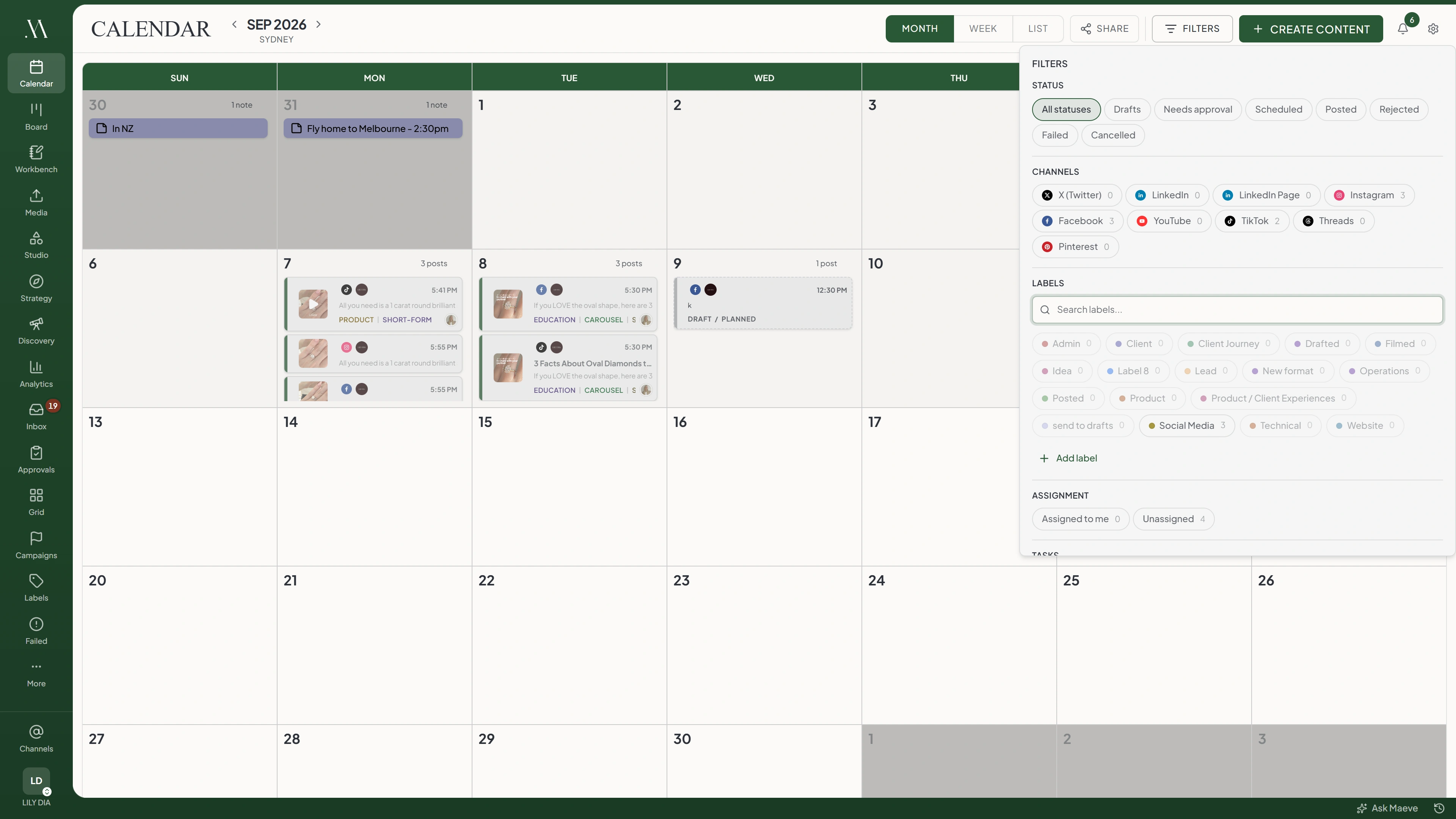 The Maeve calendar with the filter panel open, showing status, channel, label and assignment filters with a count beside each option