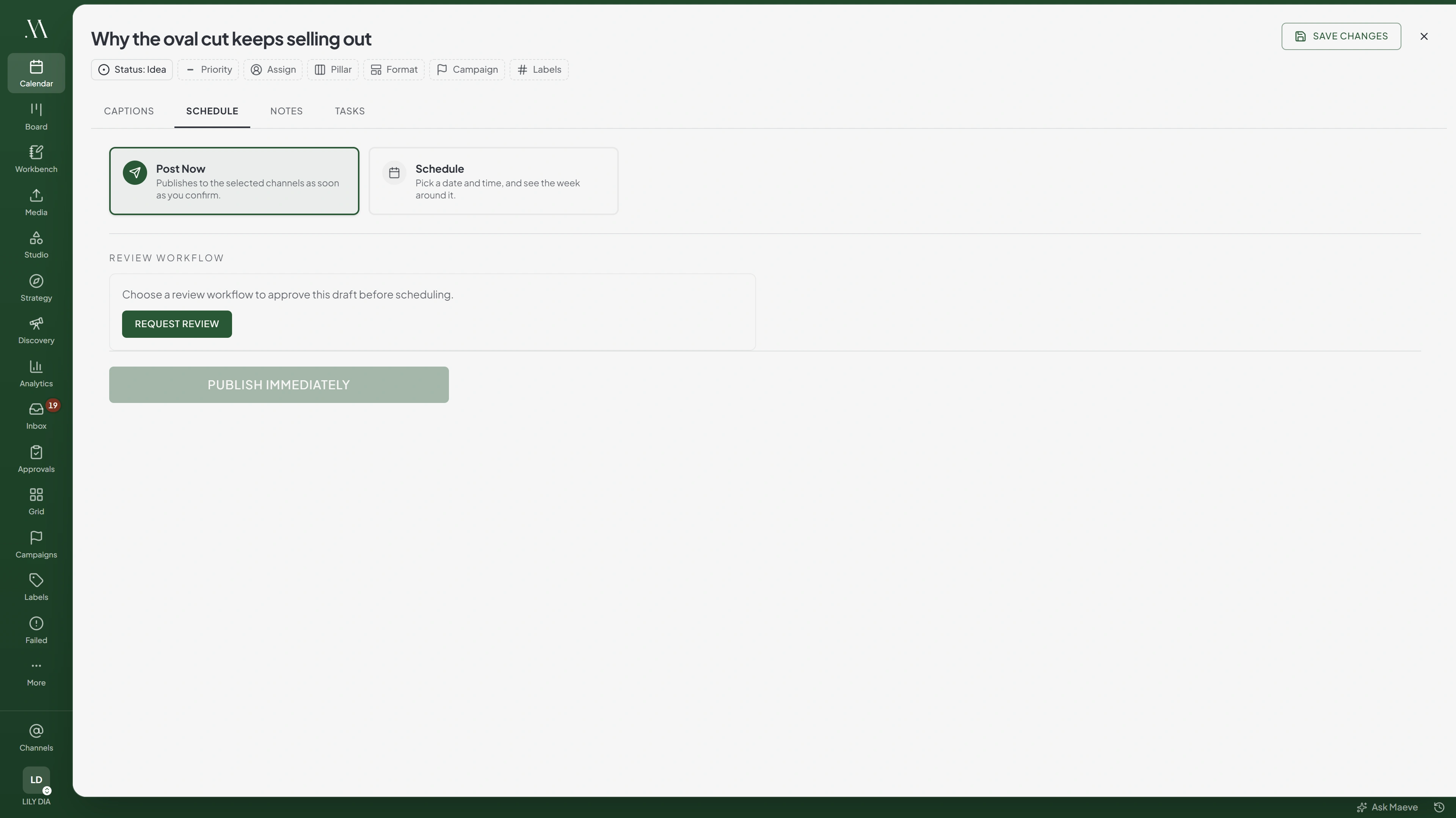 The schedule tab of the Maeve composer, showing the choice between posting now and scheduling for later, with the review workflow underneath