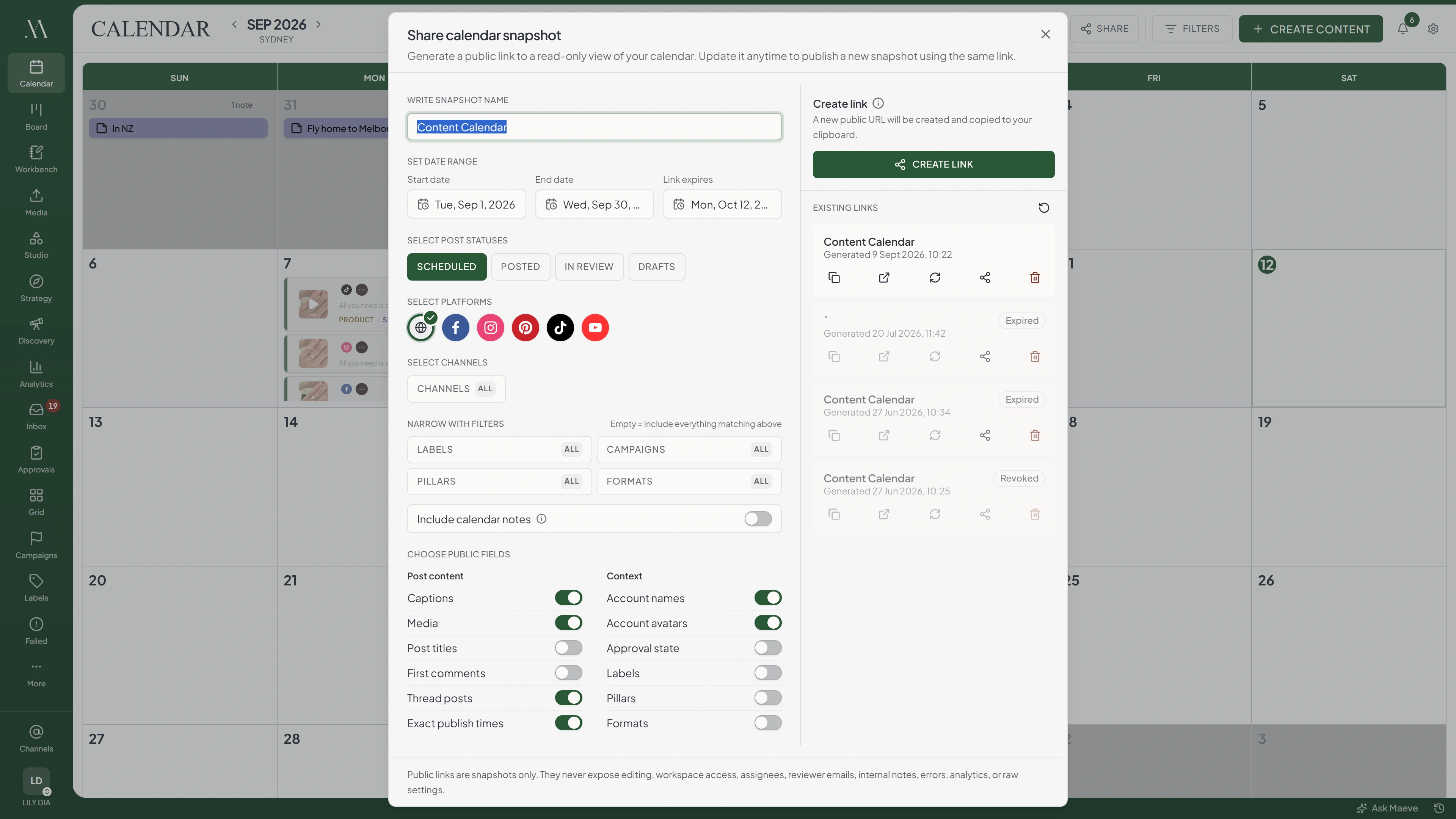 The share calendar snapshot dialog in Maeve, showing the date range, status and platform filters, the list of fields a client can see, and the existing links