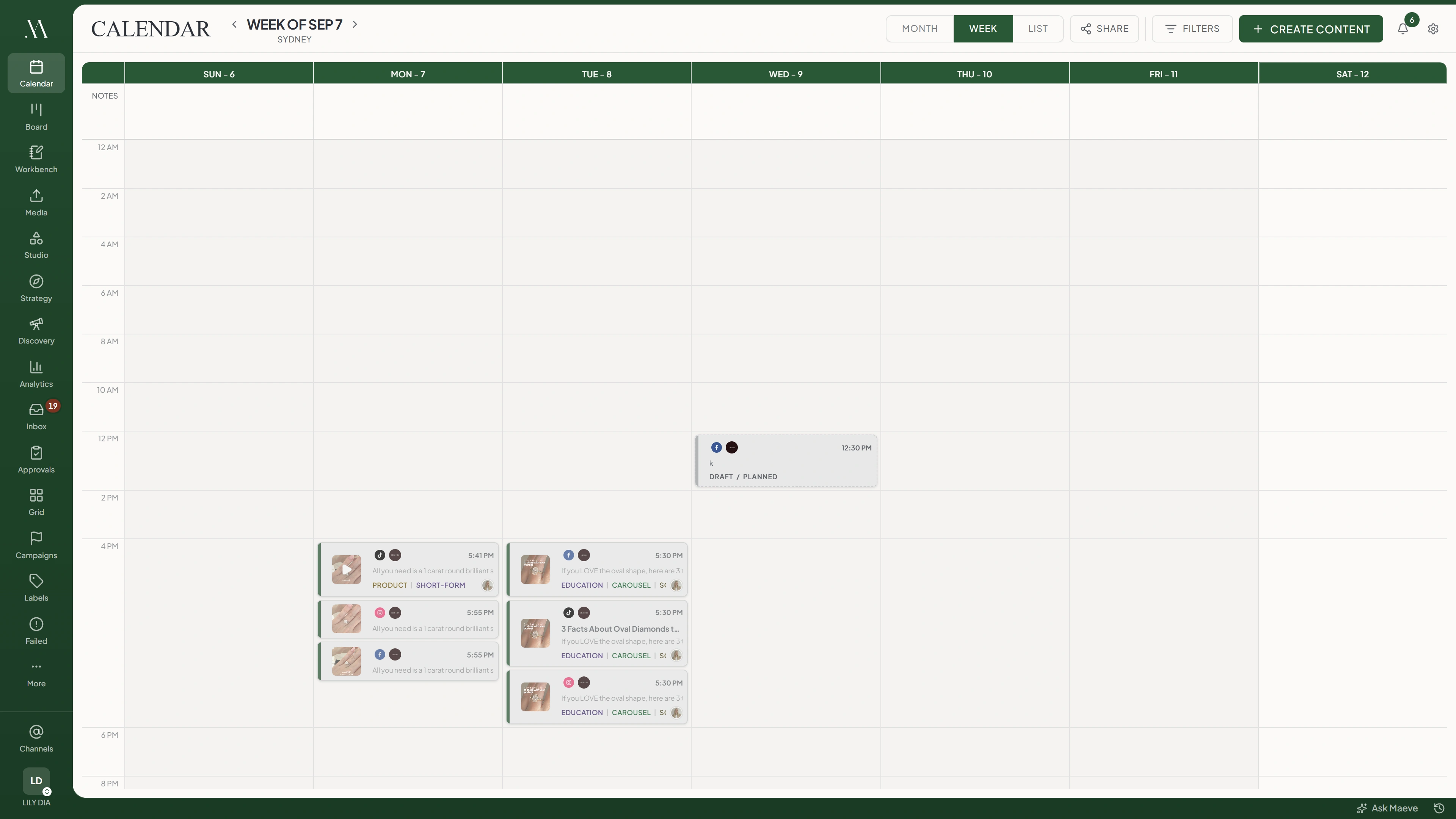 The Maeve calendar in week view, showing posts sitting in their hour slots across a week with their scheduled times