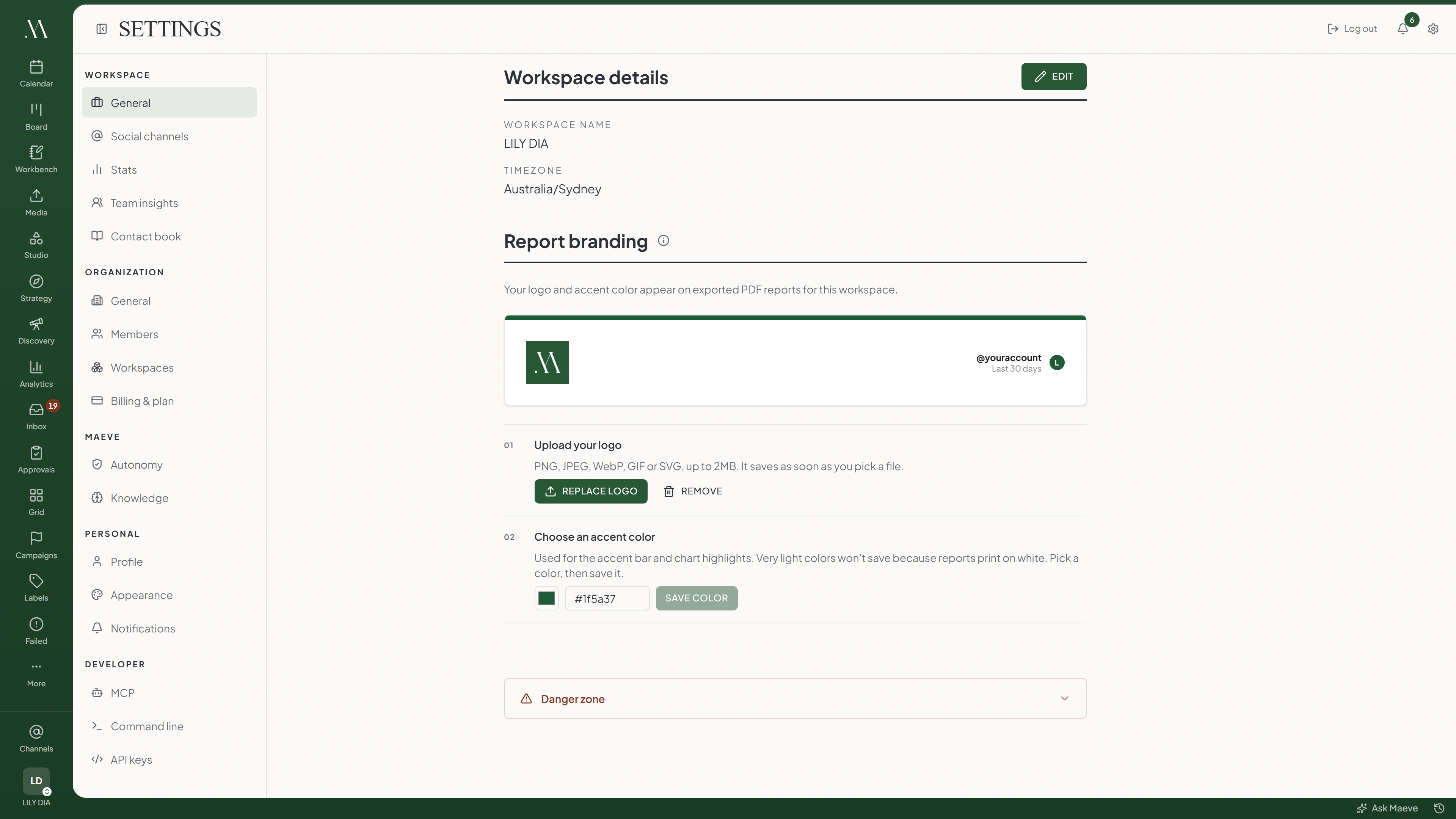 The workspace settings page in Maeve, showing the workspace name and the timezone it runs on