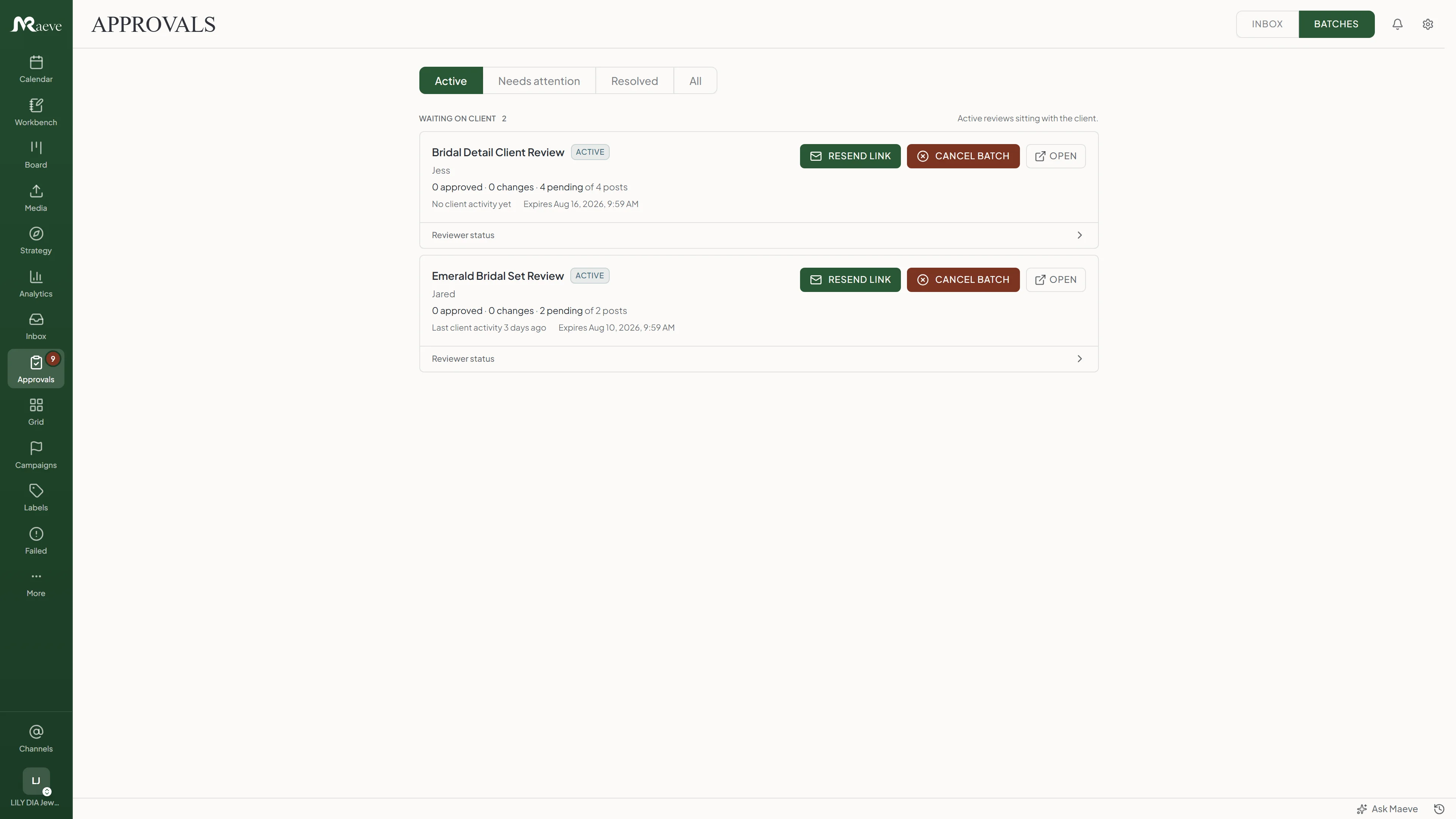 Maeve approvals batches view showing two active client review batches with approved, changes, and pending counts, plus resend link and cancel batch actions