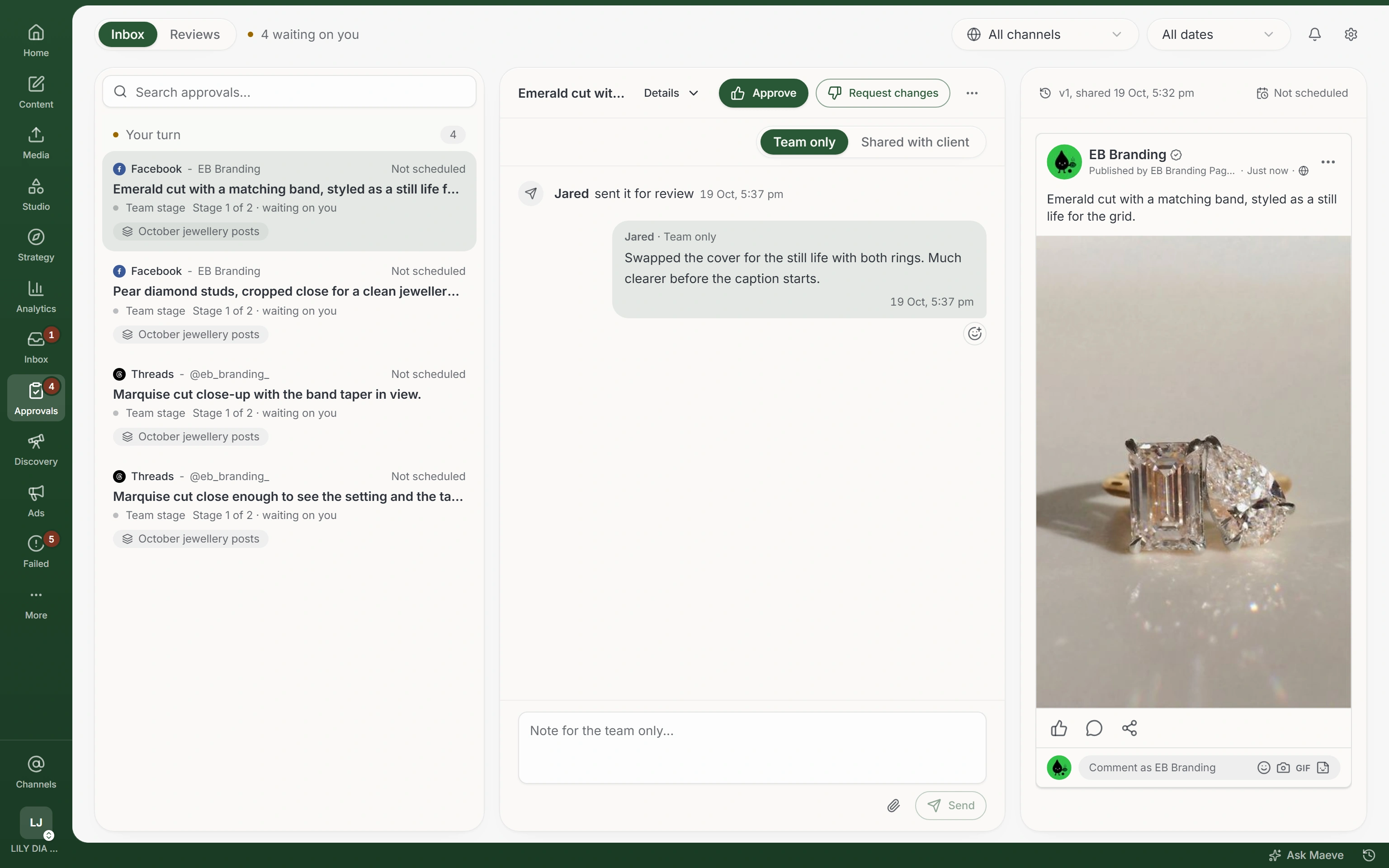 The Maeve approvals inbox with four posts under Your turn, each at stage 1 of 2 and waiting on you, one open with Approve and Request changes above a team note, and the Facebook post previewed on the right