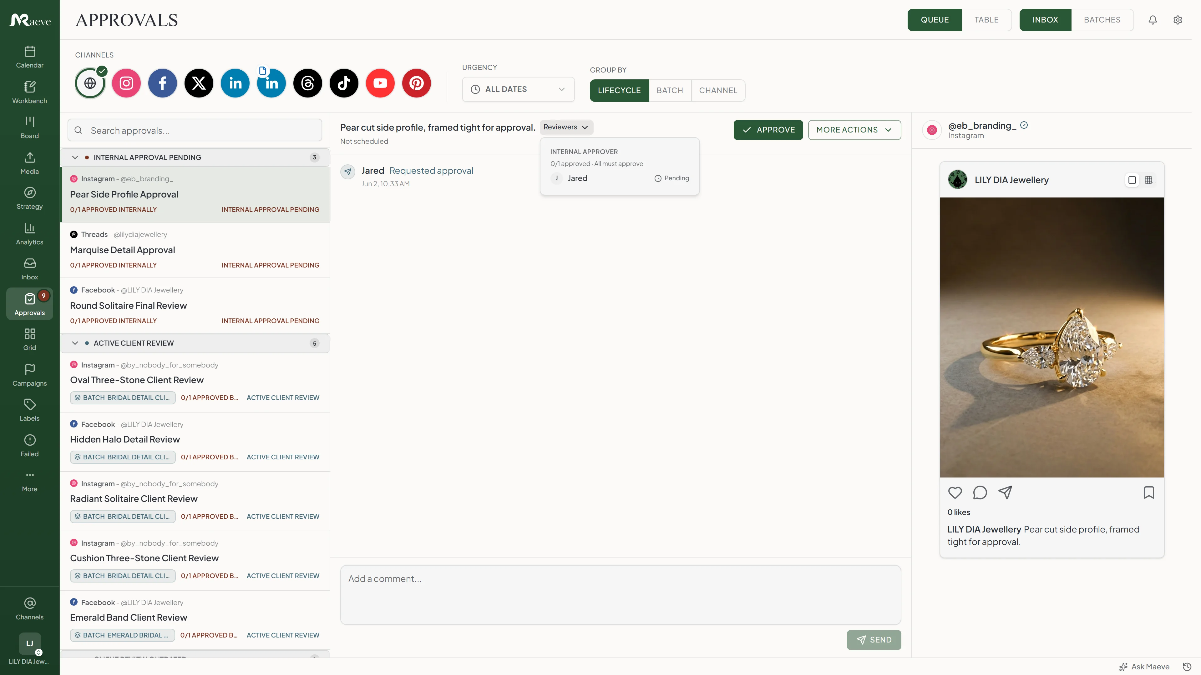 Maeve approvals view with a post open for internal review, the approve button, an approver list set to all-must-approve, and the post preview beside it
