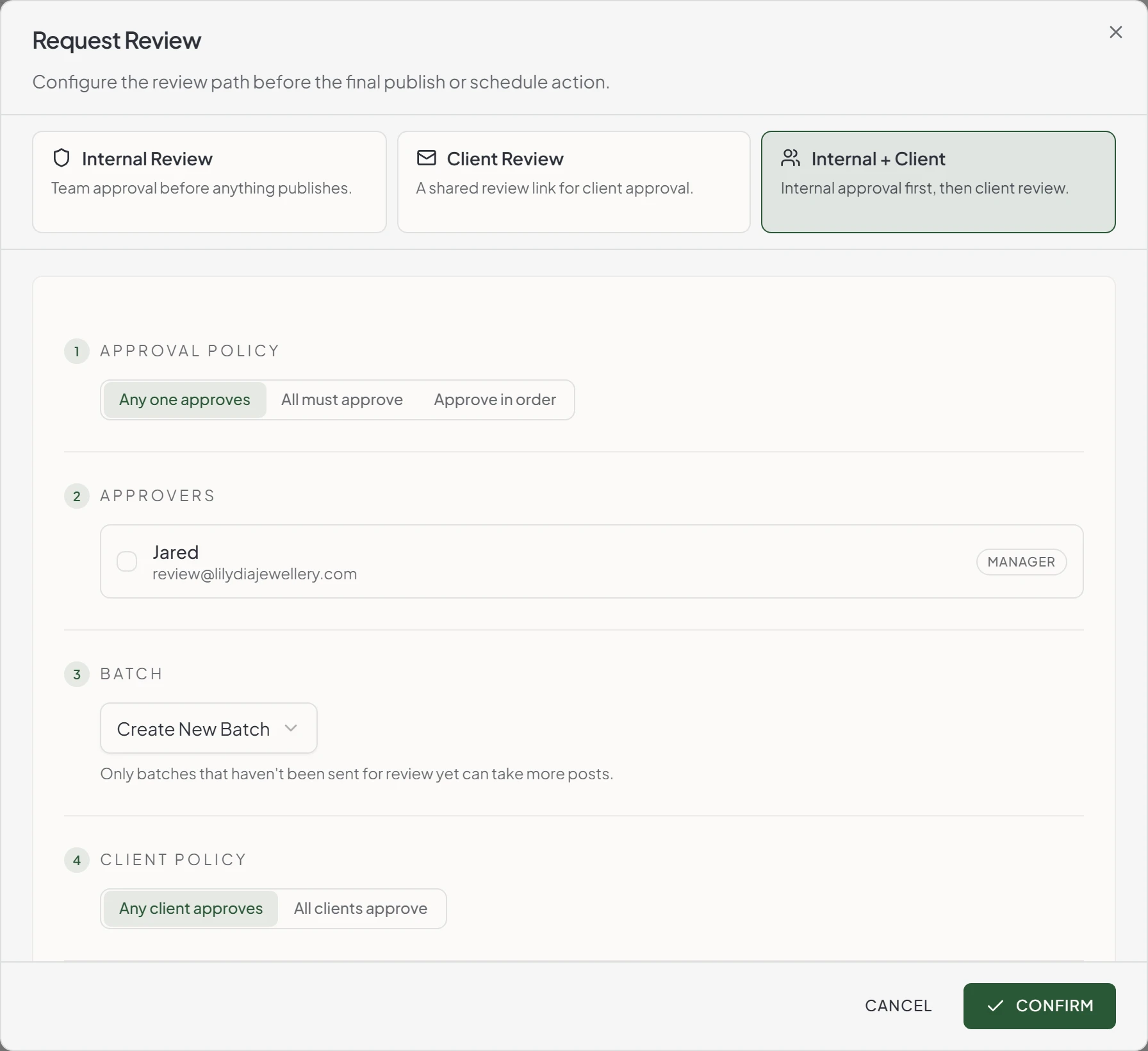 Maeve Request Review dialog with Internal, Client, and Internal plus Client paths, an approval policy of any-one, all-must, or approve-in-order, an approver list, batch selection, and client policy