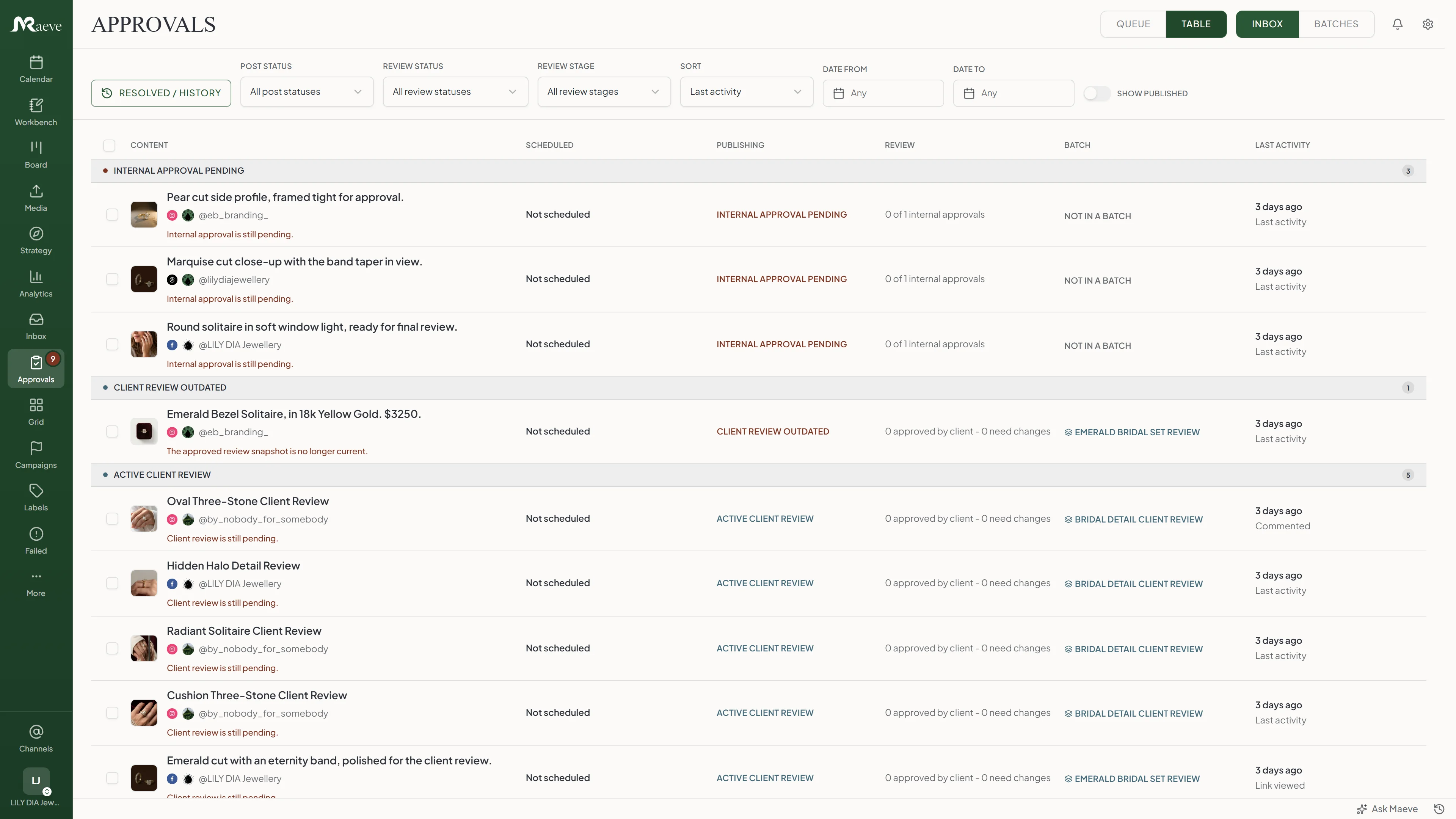 Maeve approvals table listing posts grouped by internal approval pending, client review outdated, and active client review, with review status, batch, and last activity columns