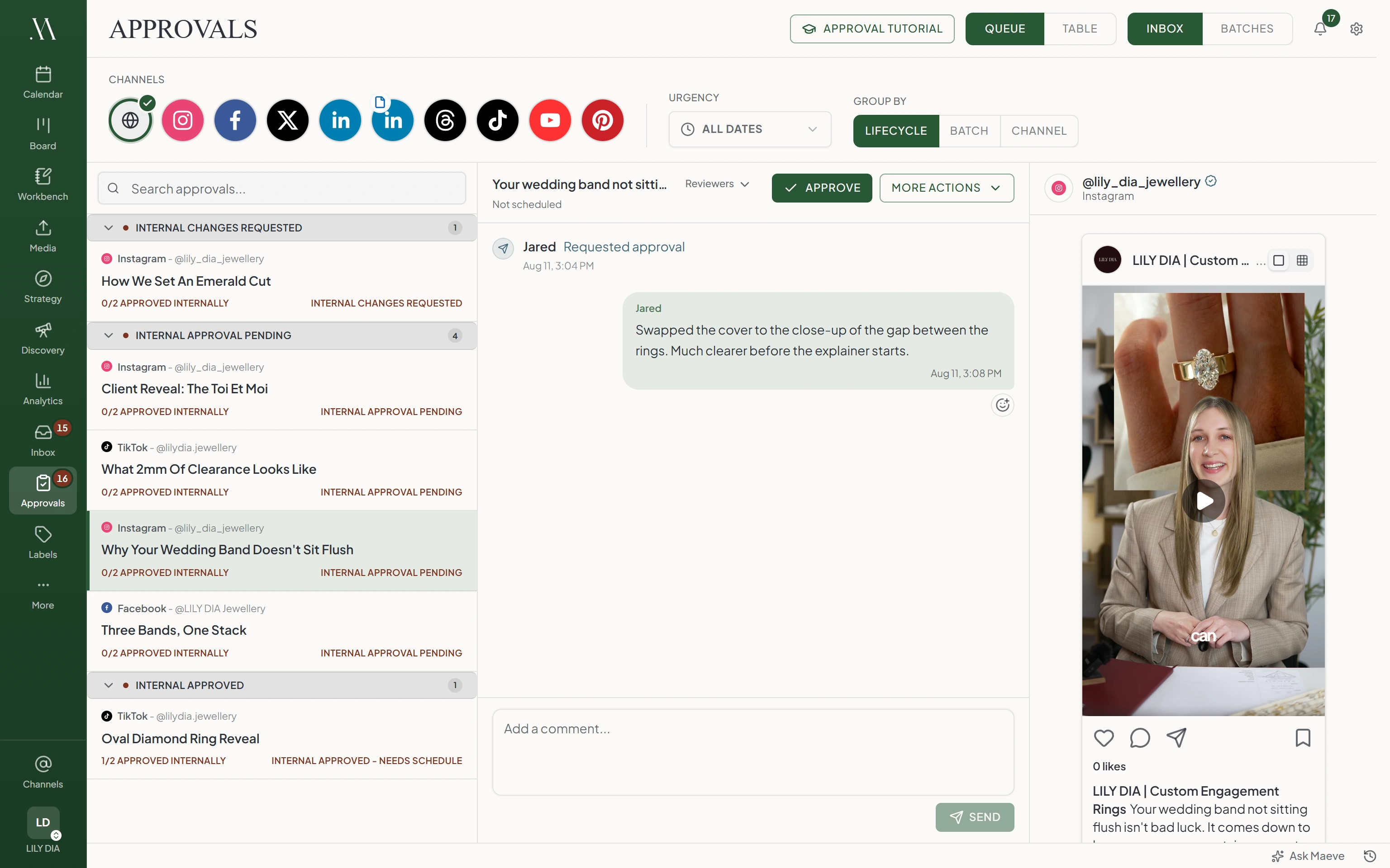 Maeve approvals workspace with the app sidebar, a queue of posts grouped by review stage, and an open post showing its preview and internal approval thread side by side
