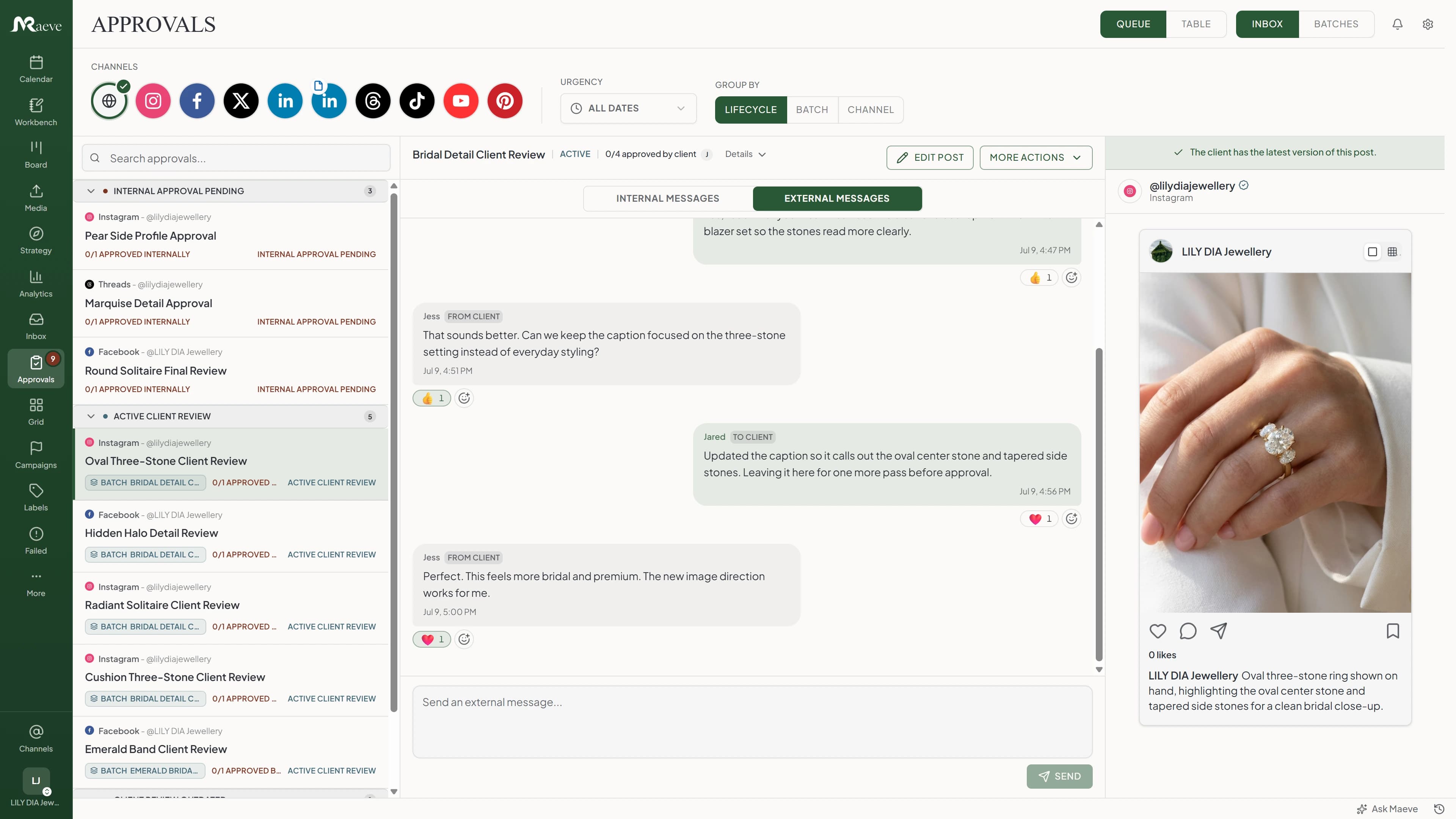 The approvals view in Maeve with an internal approval thread beside the post preview