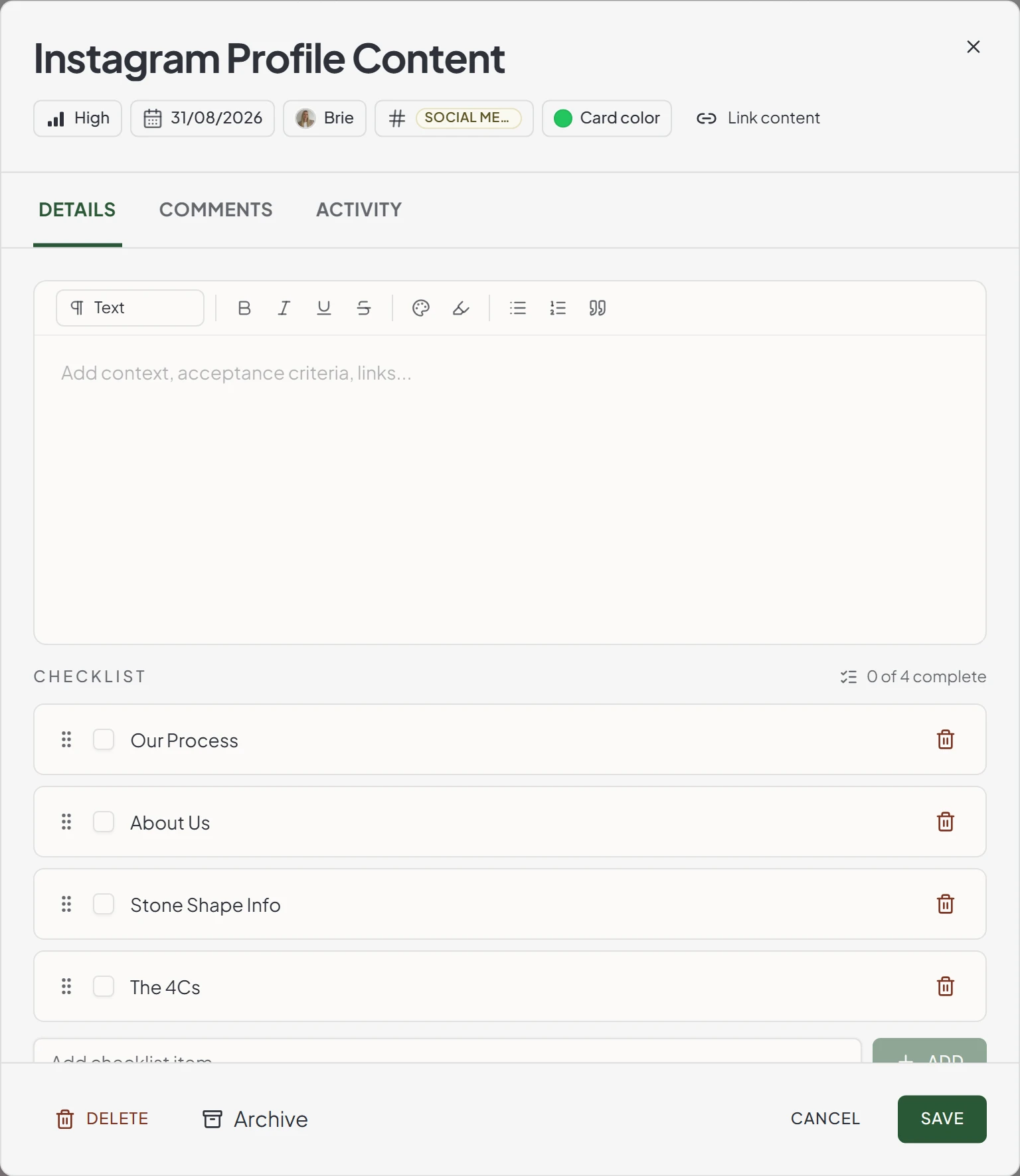 Maeve task panel for an Instagram profile content task, showing high priority, a due date, an assignee, a social media label, tabs for details, comments, and activity, and a four-item checklist