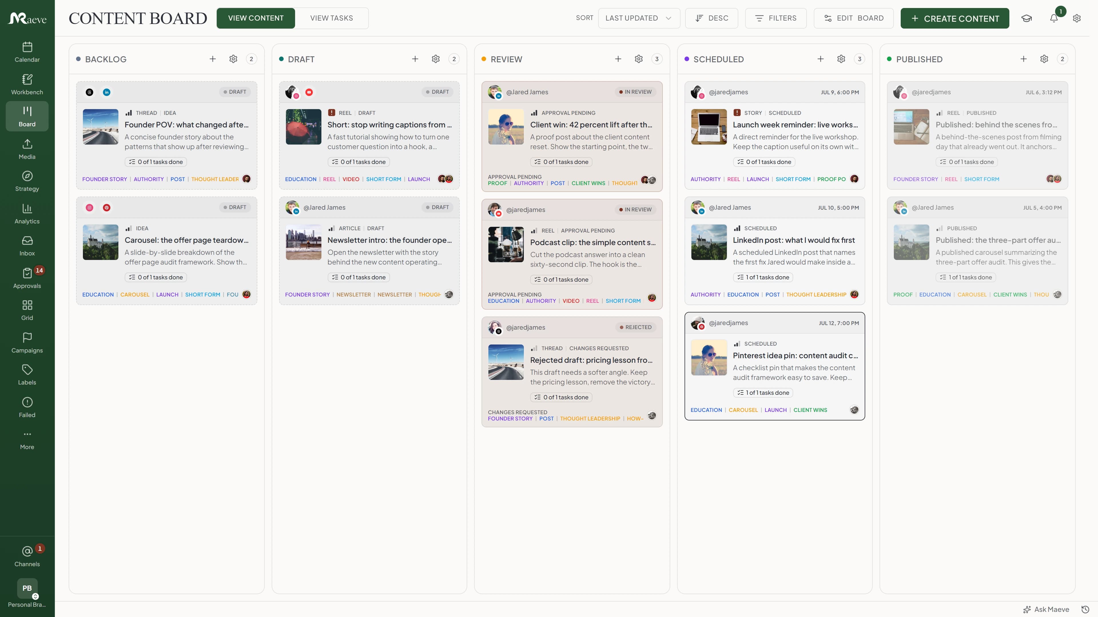 The Maeve content board with post cards spread left to right across the workflow columns, each card showing its cover image, channels, labels, review state and scheduled time