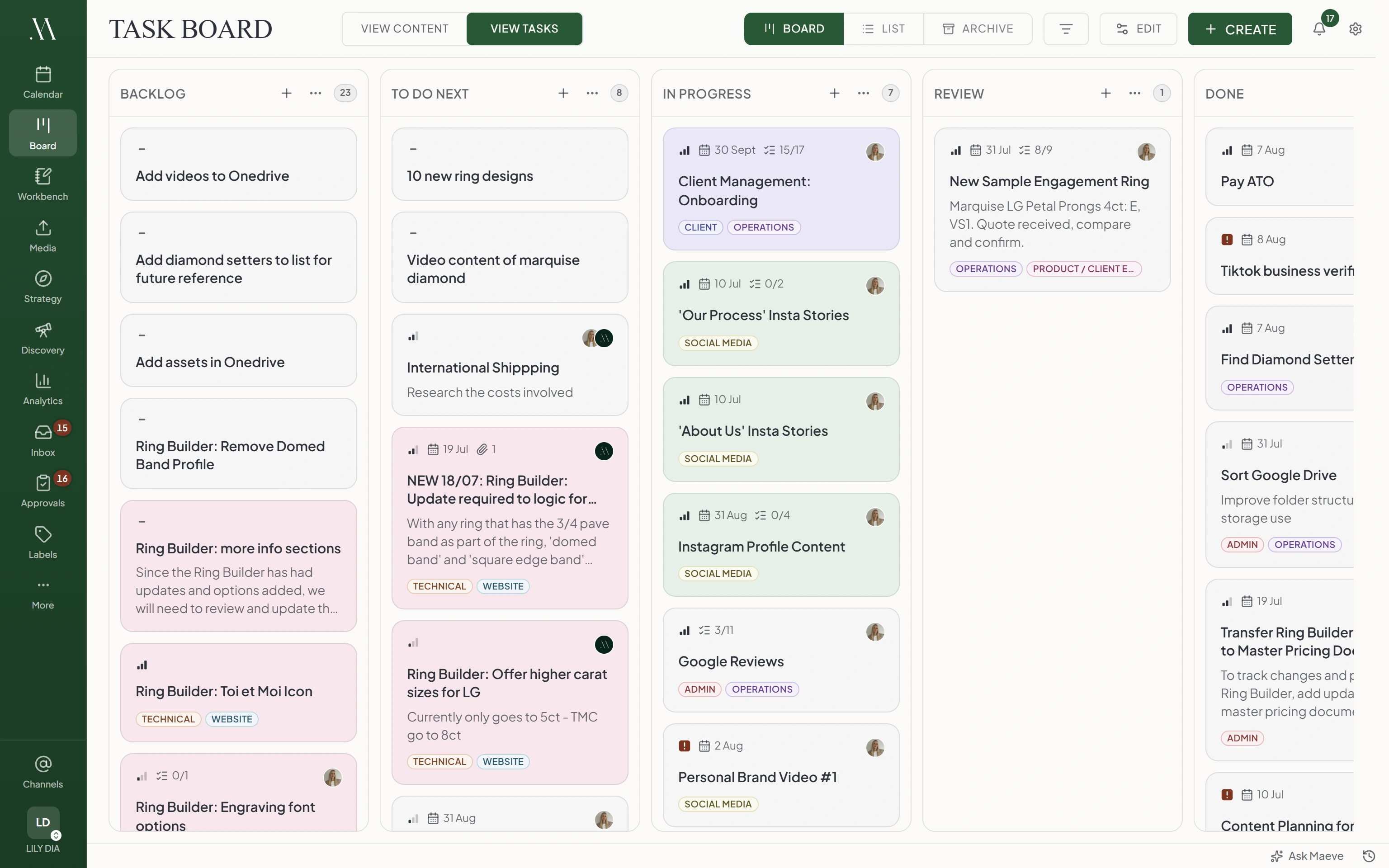 Maeve task board with task cards across Backlog, To Do Next, In Progress, Review, and Done columns