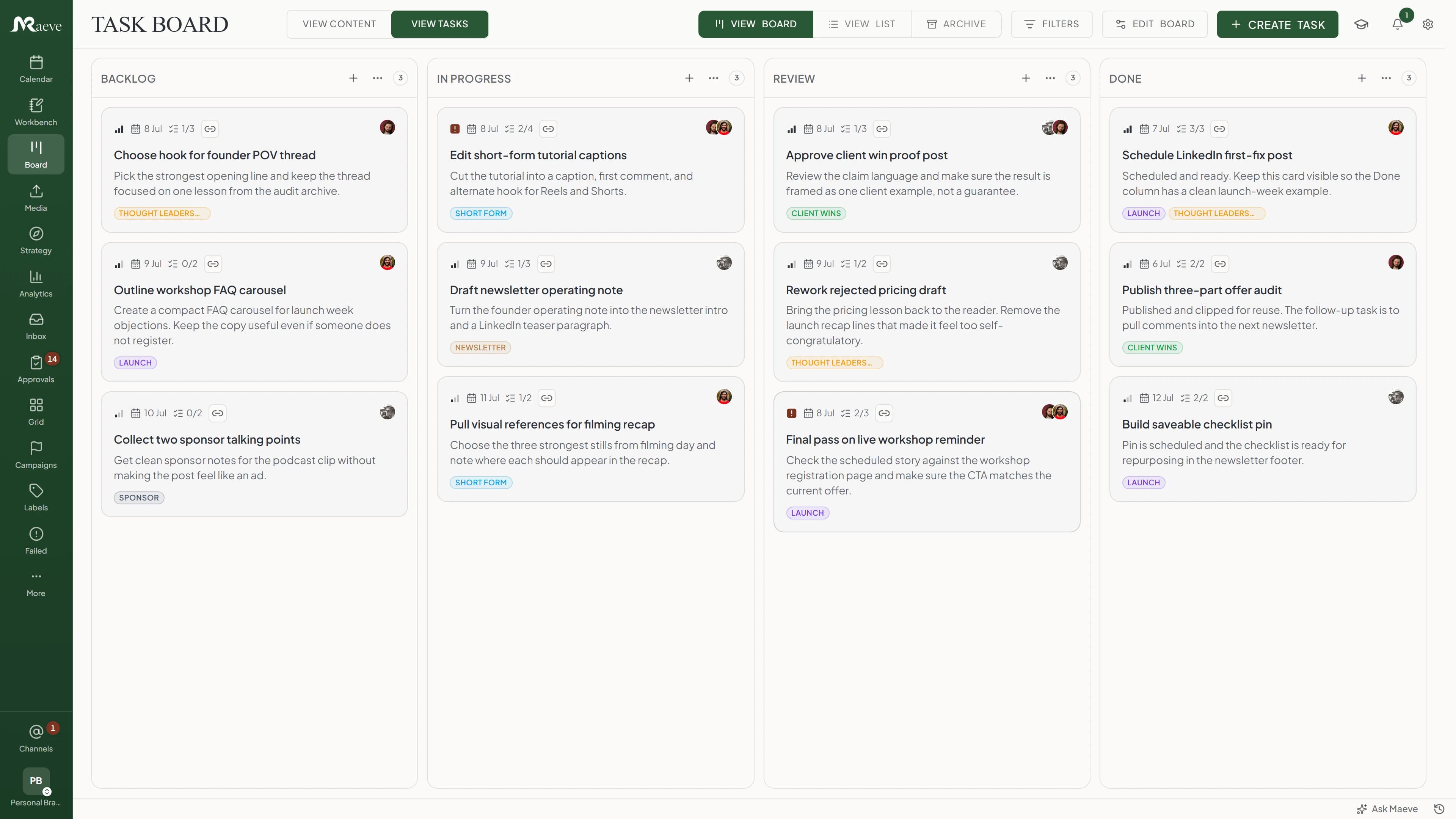 Maeve task board with task cards across Backlog, In Progress, Review, and Done lanes, each showing due dates, checklists, labels, and assignee avatars