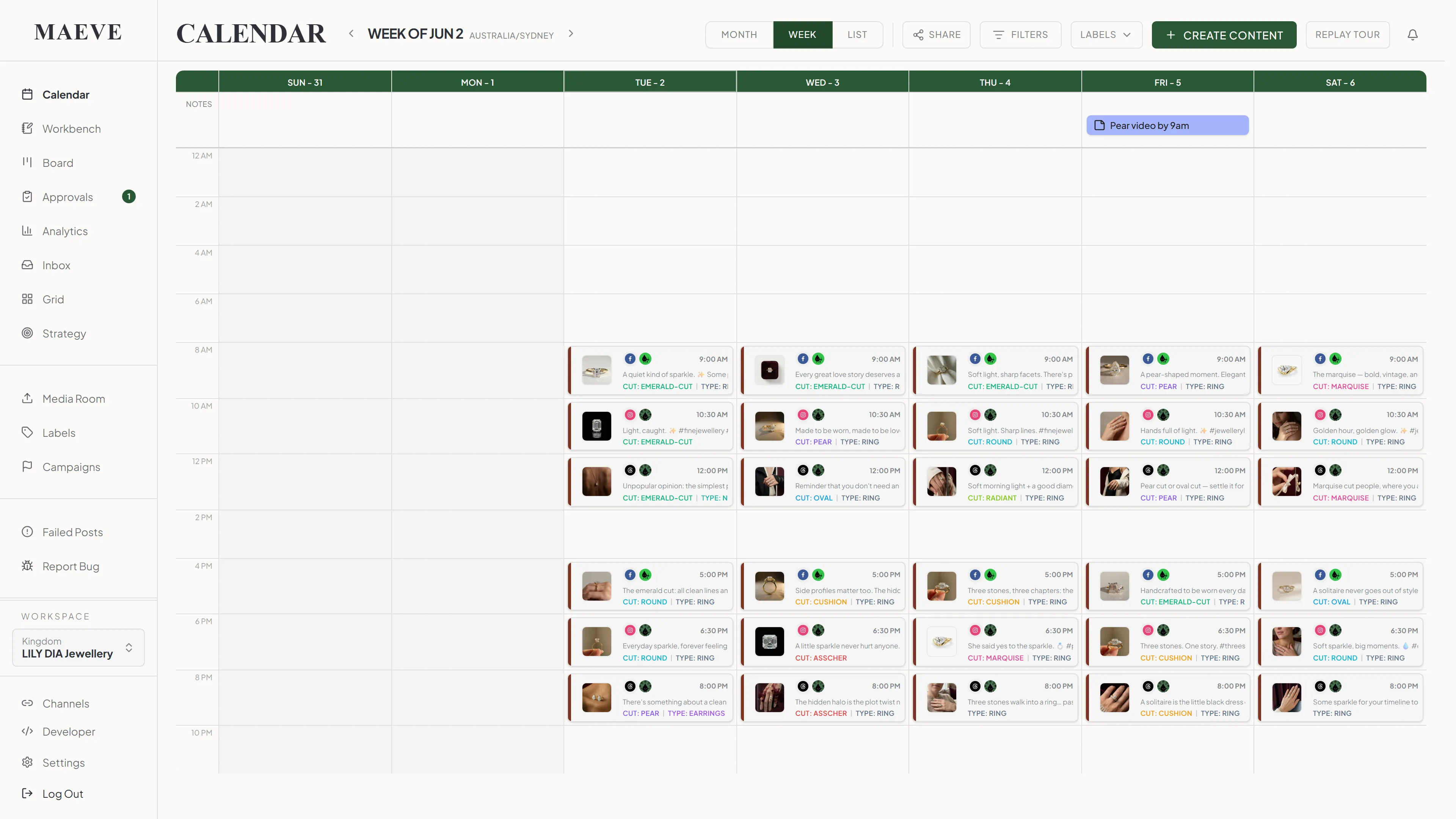 Maeve calendar in week view with posts queued into set posting times across the week