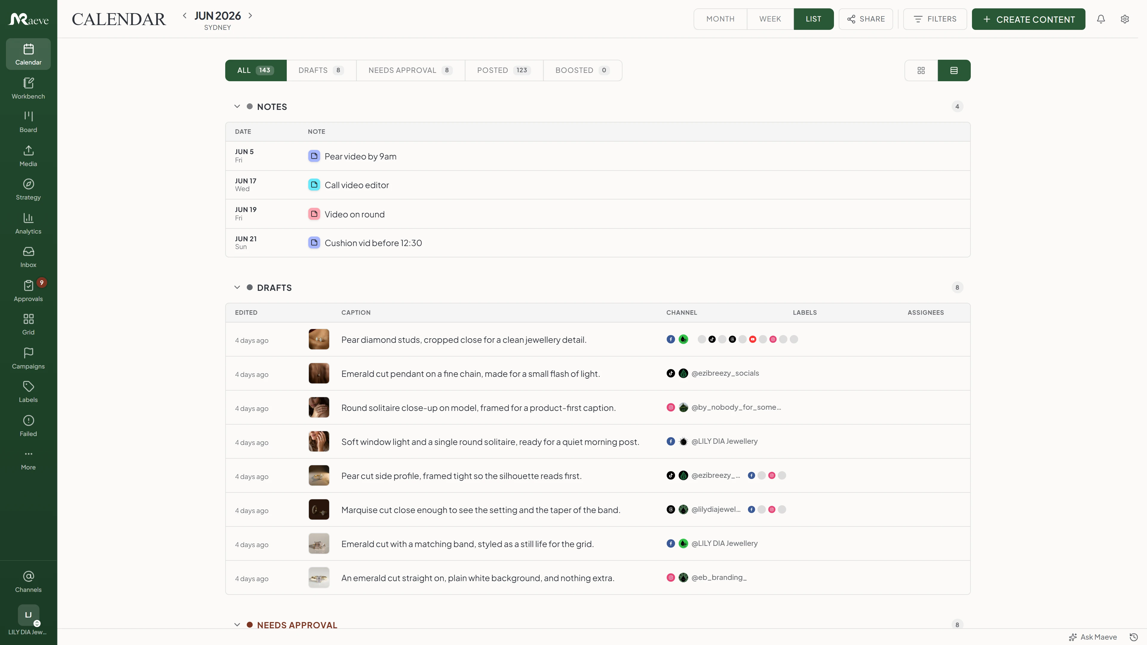 Maeve list view with tabs for all, drafts, needs approval, posted, and boosted, plus grouped sections for notes and drafts with caption, channel, and review columns