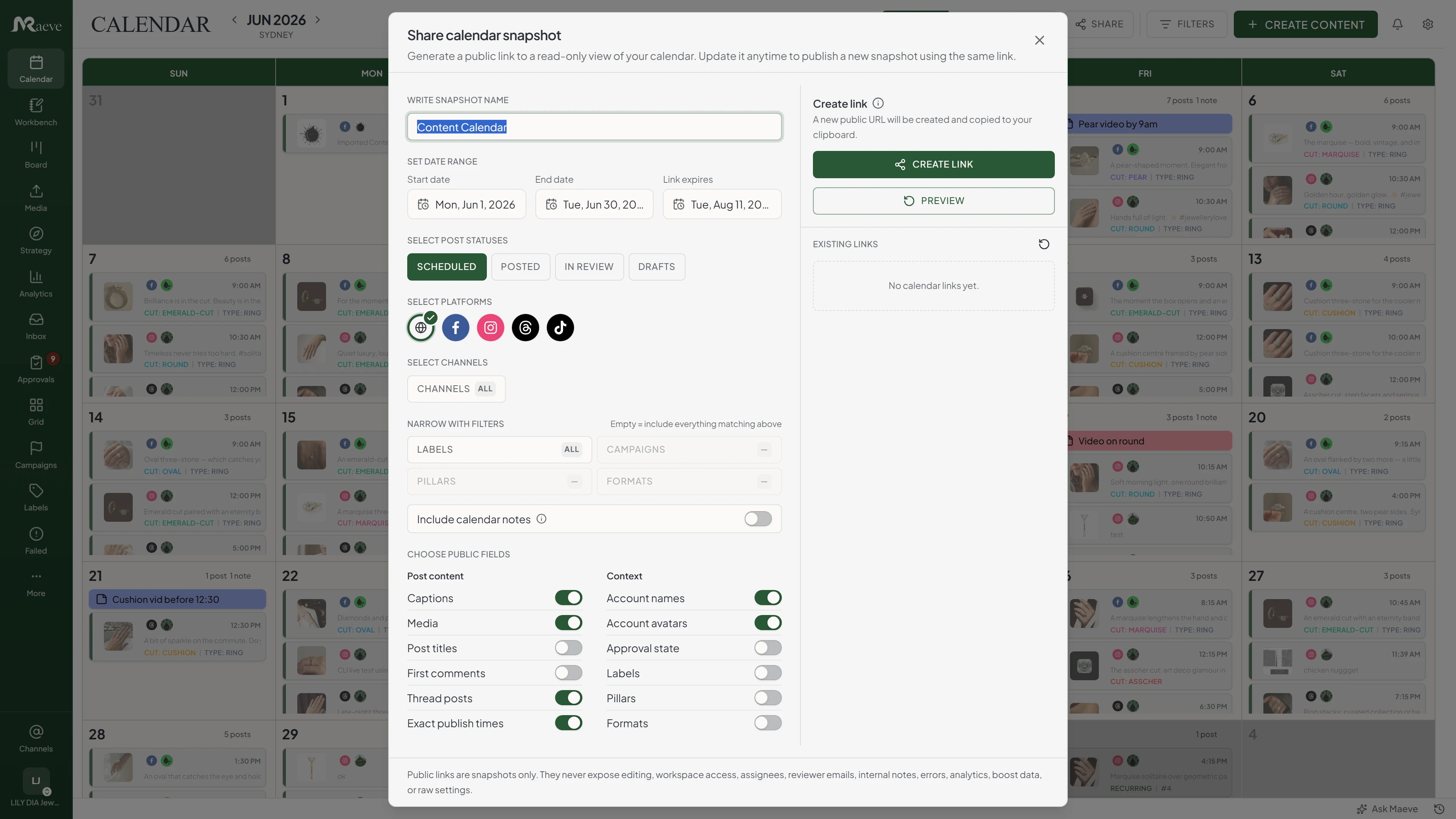 Maeve share calendar snapshot dialog with a snapshot name, date range, post status and platform pickers, and per-field toggles for what the public link shows