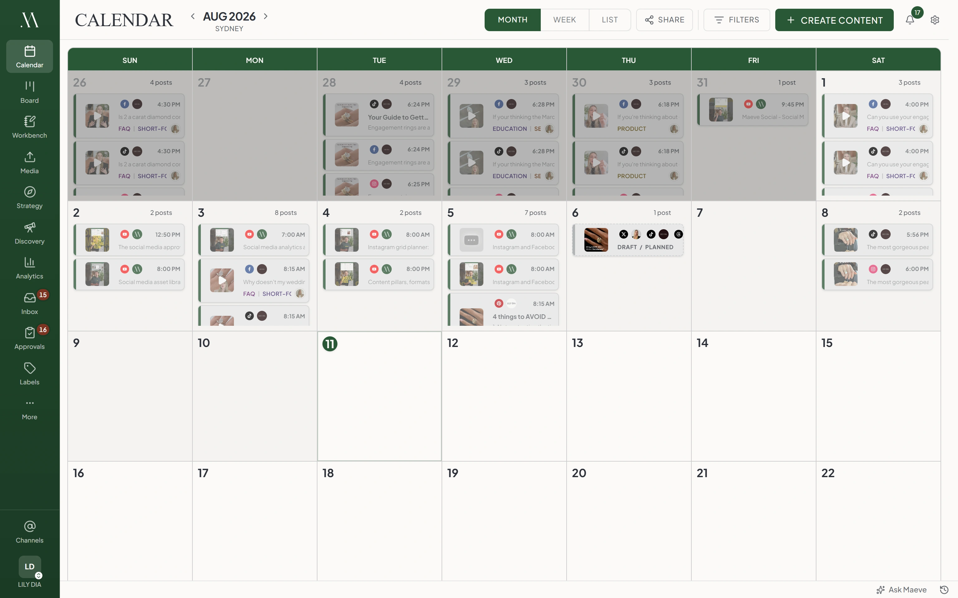 Maeve calendar in month view with the app sidebar, days stacked with scheduled posts showing thumbnails, times, platforms, and content labels