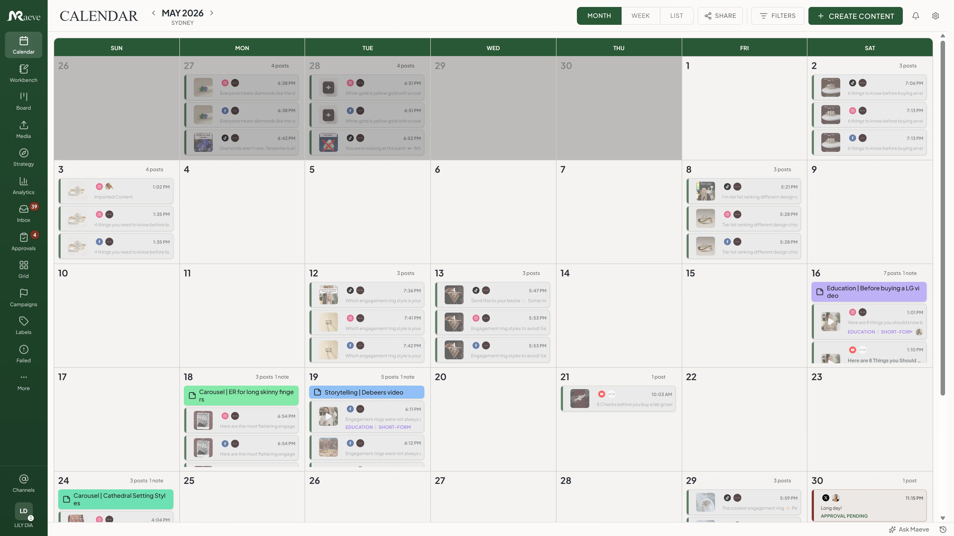 The Maeve calendar in month view, each day stacked with scheduled posts showing their thumbnail, time, platform and status
