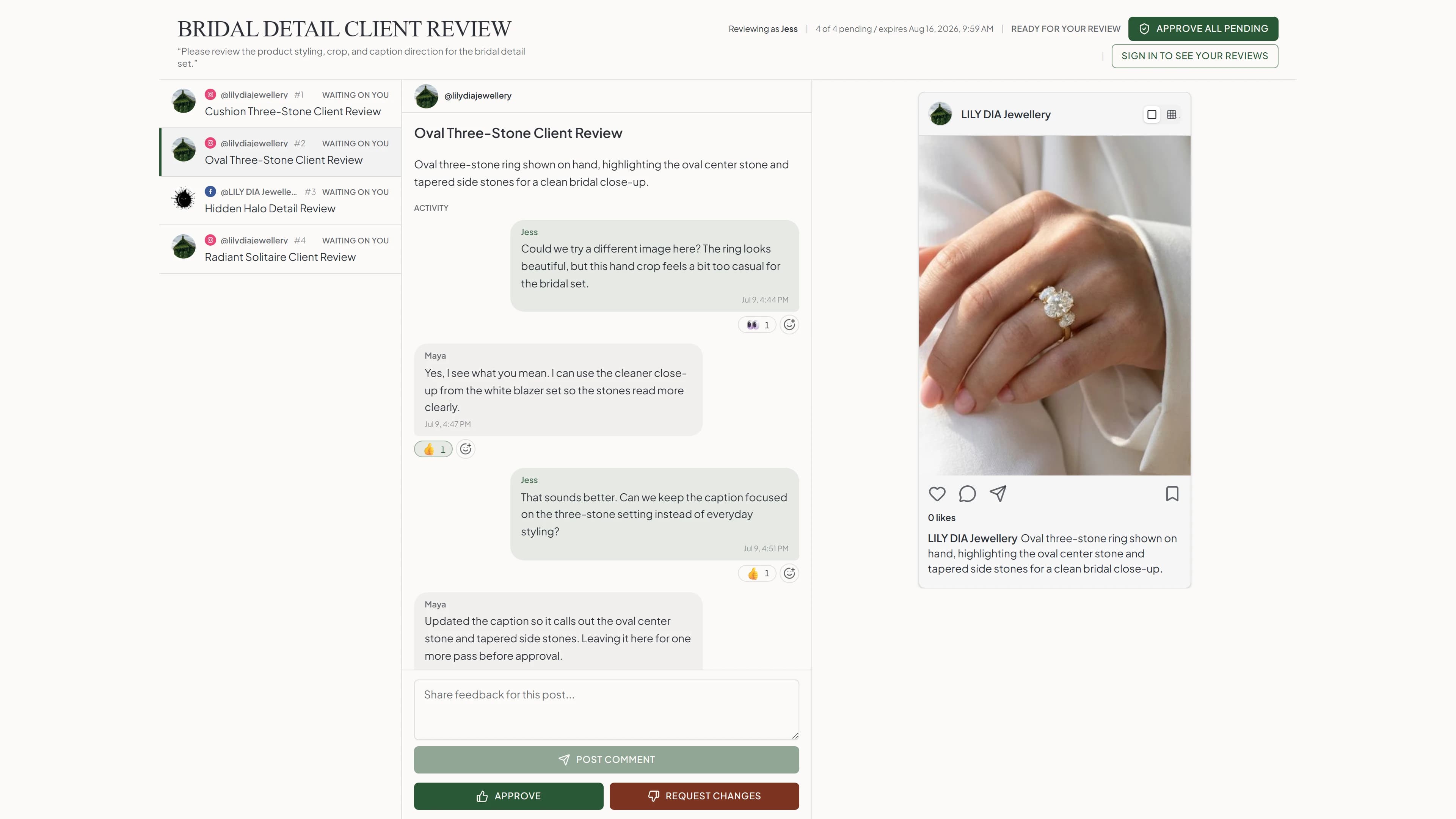 Maeve Social client review conversation showing feedback alongside a post