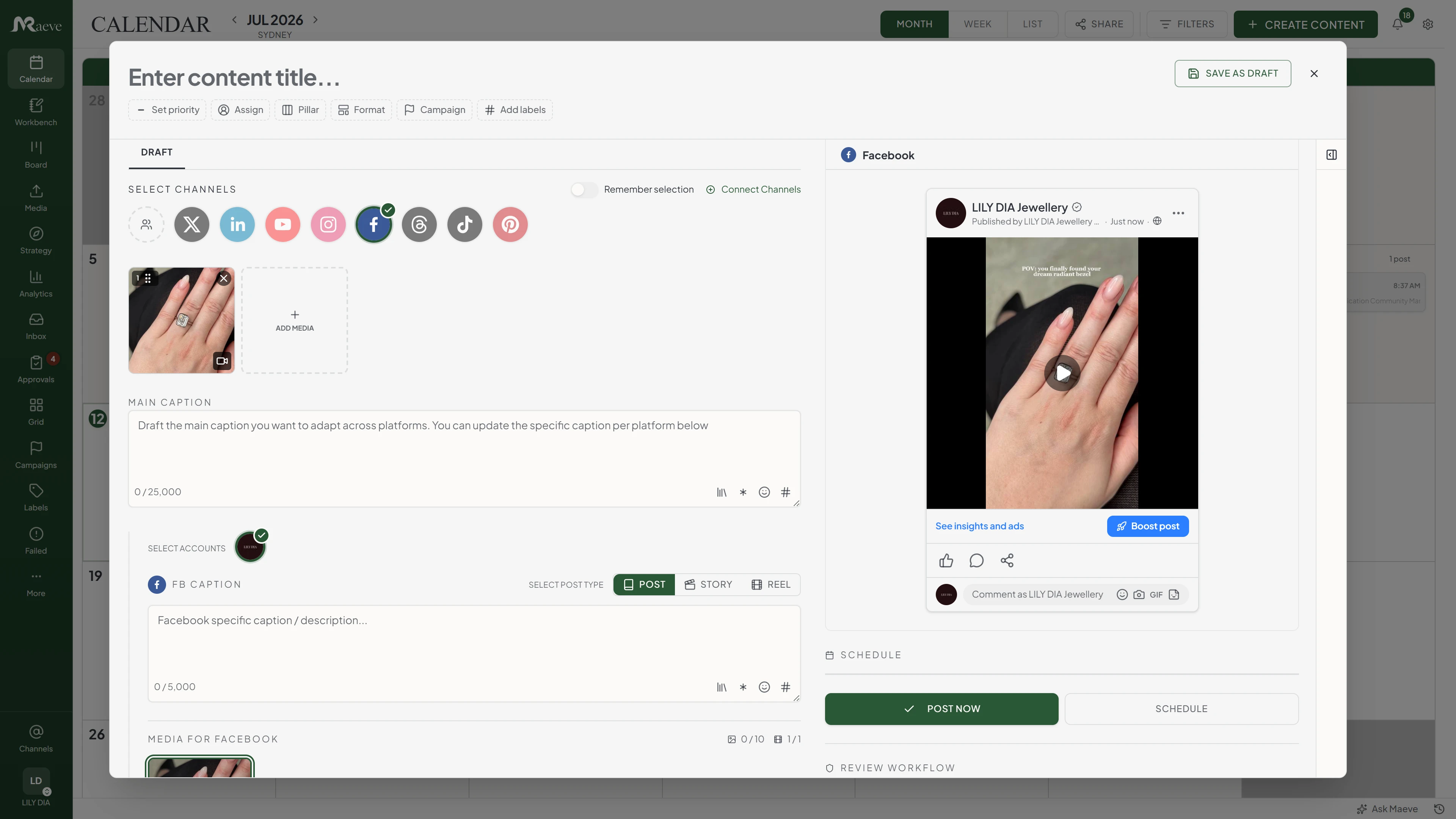 Maeve composer with Facebook selected, showing the channel picker, main caption, Facebook-specific caption, and a live Facebook feed preview of the post